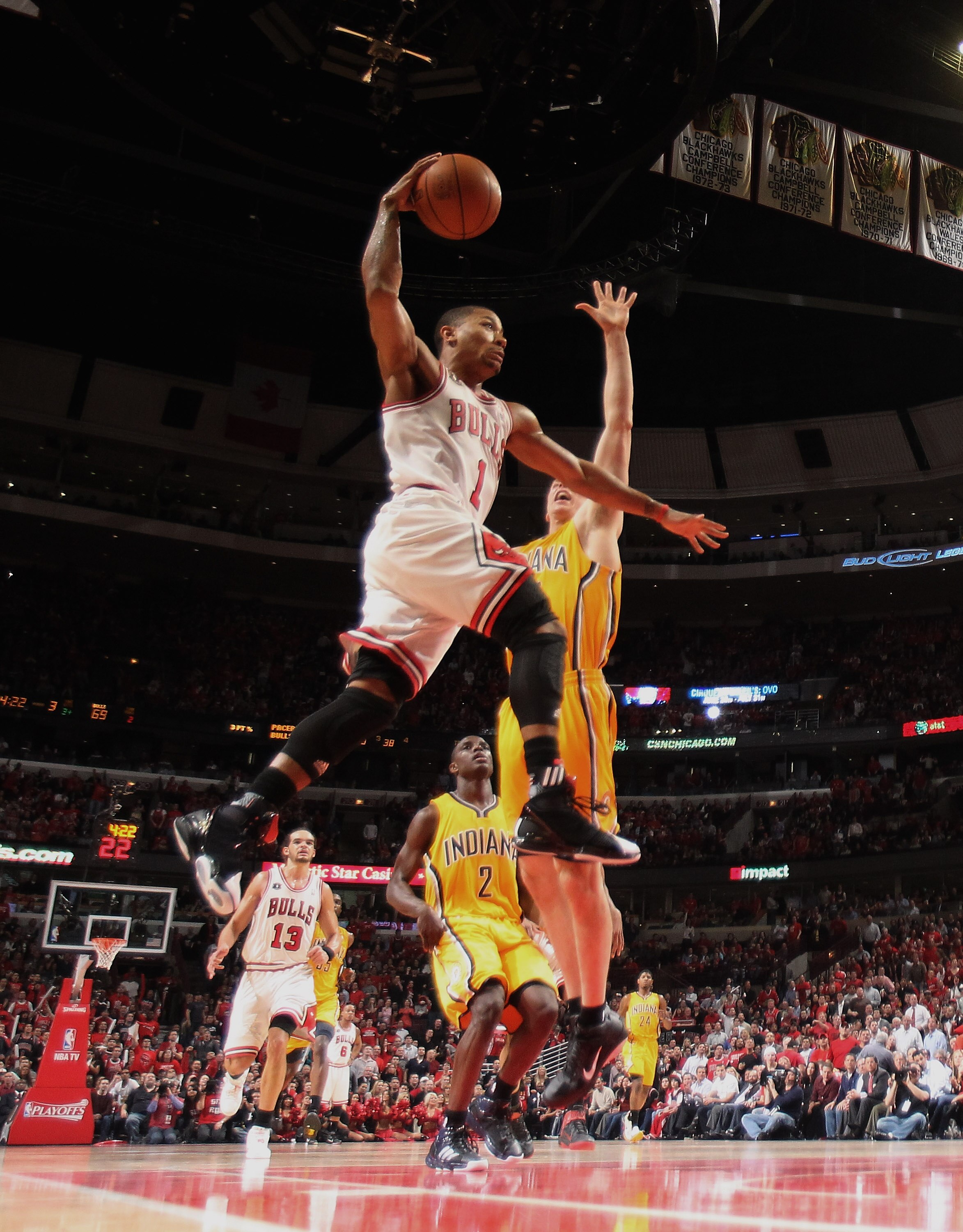 CHICAGO, IL - APRIL 26: Derrick Rose #1 of the Chicago Bulls goes up for a shot against Tyler Hansbrough #50 of the Indiana Pacers in Game Five of the Eastern Conference Quarterfinals in the 2011 NBA Playoffs at the United Center on April 26, 2011 in Chic CHICAGO, IL - APRIL 26: Derrick Rose #1 of the Chicago Bulls goes up for a shot against Tyler Hansbrough #50 of the Indiana Pacers in Game Five of the Eastern Conference Quarterfinals in the 2011 NBA Playoffs at the United Center on April 26, 2011 in Chic