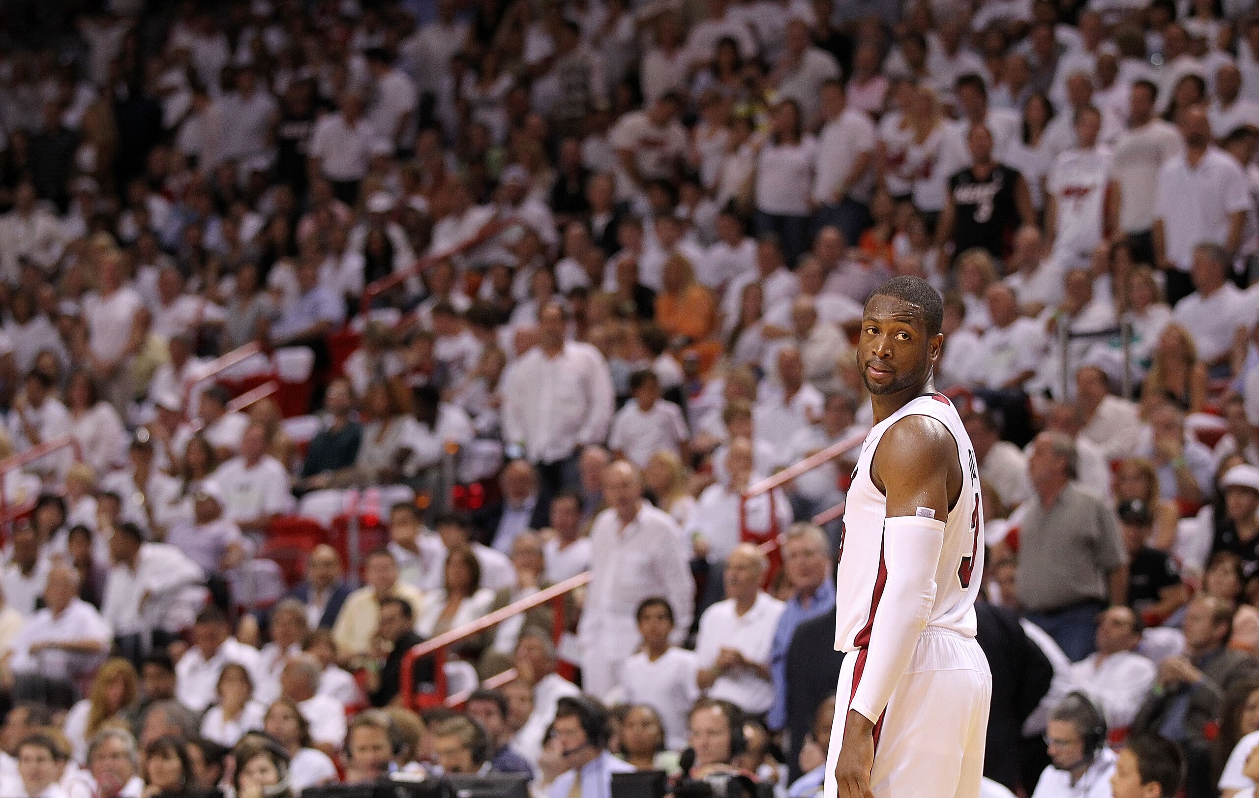 MIAMI, FL - APRIL 27:  Dwyane Wade #3 of the Miami Heat looks on during game five of the Eastern Conference Quarterfinals in the 2011 NBA Playoffs against the Philadelphia 76ers at American Airlines Arena on April 27, 2011 in Miami, Florida. NOTE TO USER: