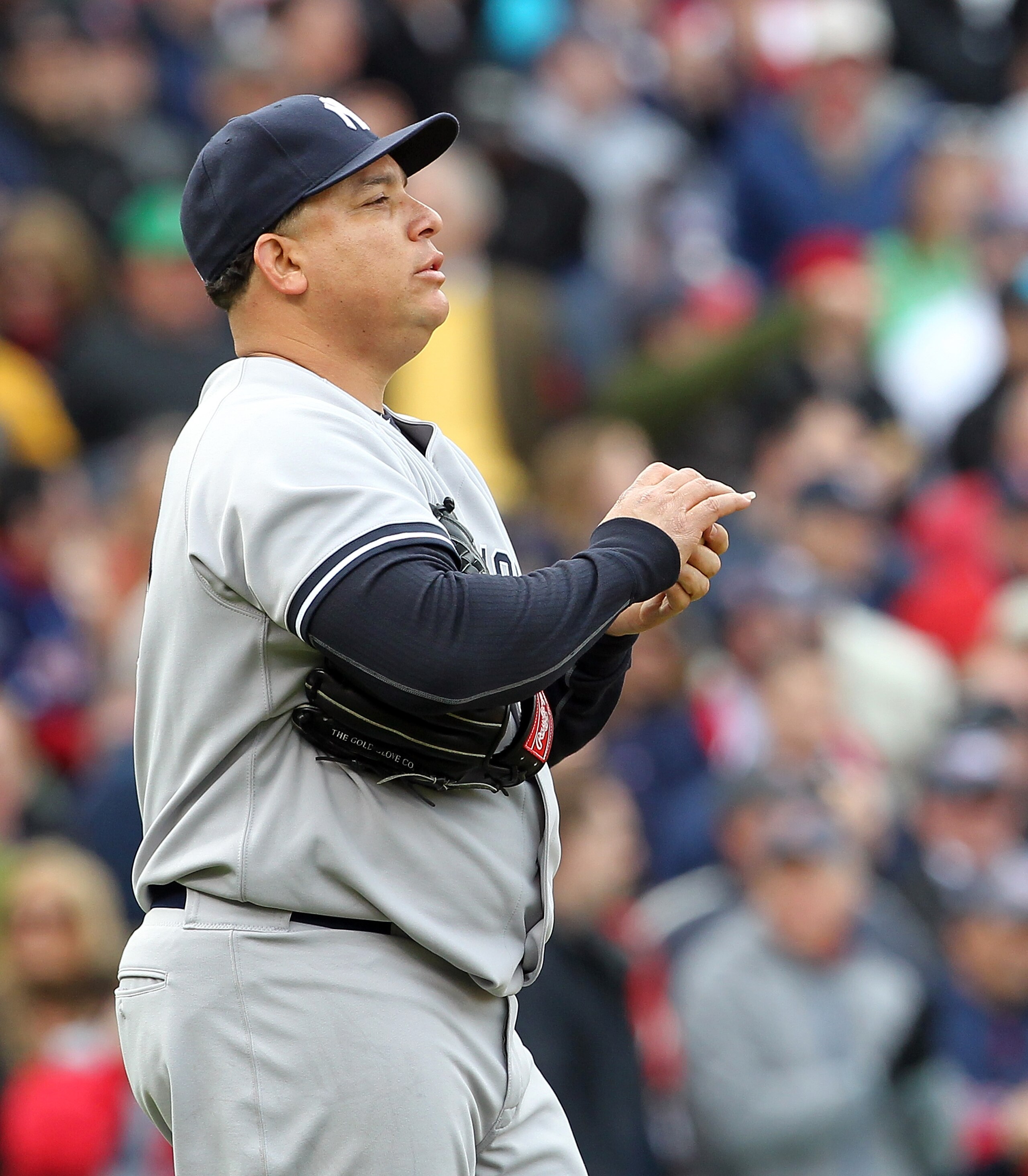 BOSTON, MA - APRIL 8:  Bartolo Colon #40 of the New York Yankees reacts against the Boston Red Sox on Opening Day at Fenway Park on April 8, 2011 in Boston, Massachusetts. (Photo by Jim Rogash/Getty Images)