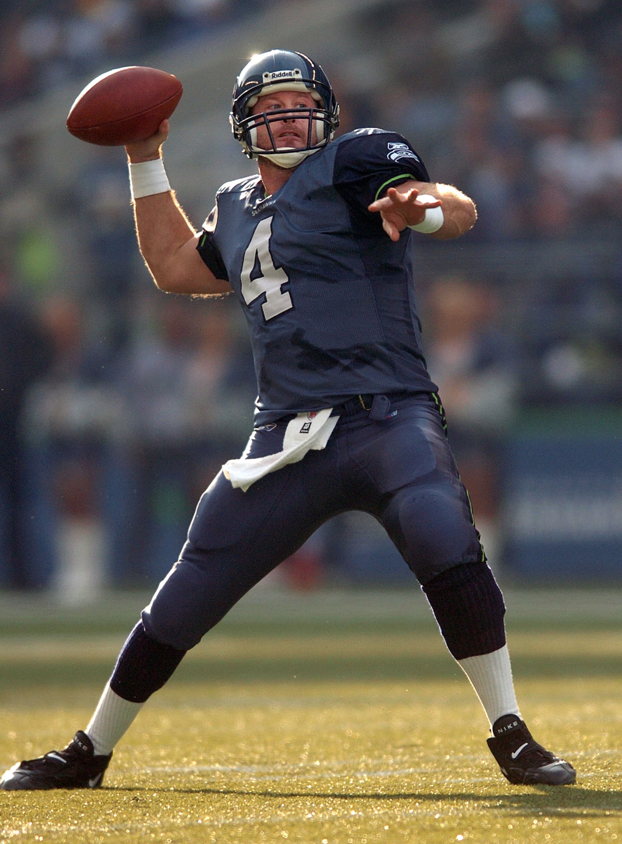 Trent Dilfer looks downfield and finds Jerry Rice open for a touchdown during their contest against the Miami Dolphins at Qwest Field in Seattle, Washington November 21, 2004. (Photo by Steve Grayson/Getty Images) Trent Dilfer looks downfield and finds Jerry Rice open for a touchdown during their contest against the Miami Dolphins at Qwest Field in Seattle, Washington November 21, 2004. (Photo by Steve Grayson/Getty Images)