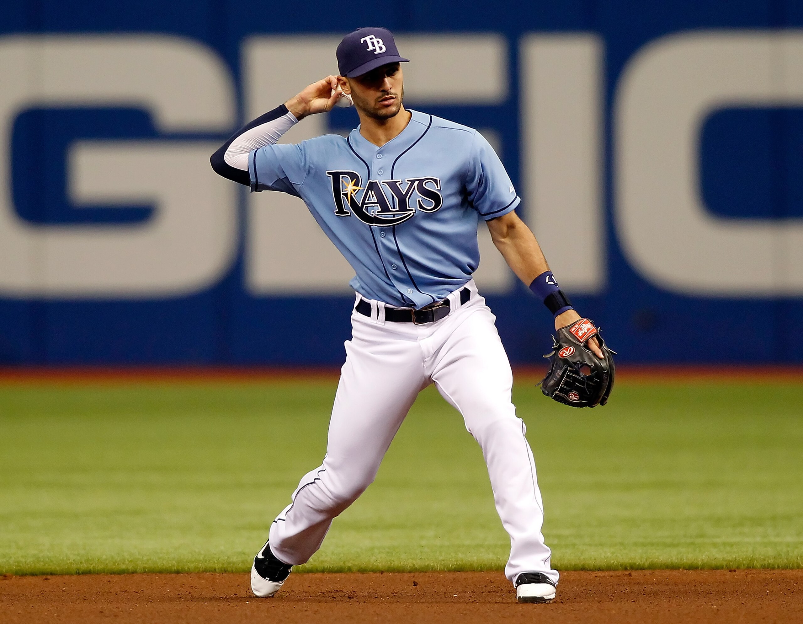ST. PETERSBURG, FL - APRIL 17:  Infielder Sean Rodriguez #1 of the Tampa Bay Rays throws over to first for an out against the Minnesota Twins during the game at Tropicana Field on April 17, 2011 in St. Petersburg, Florida.  (Photo by J. Meric/Getty Images