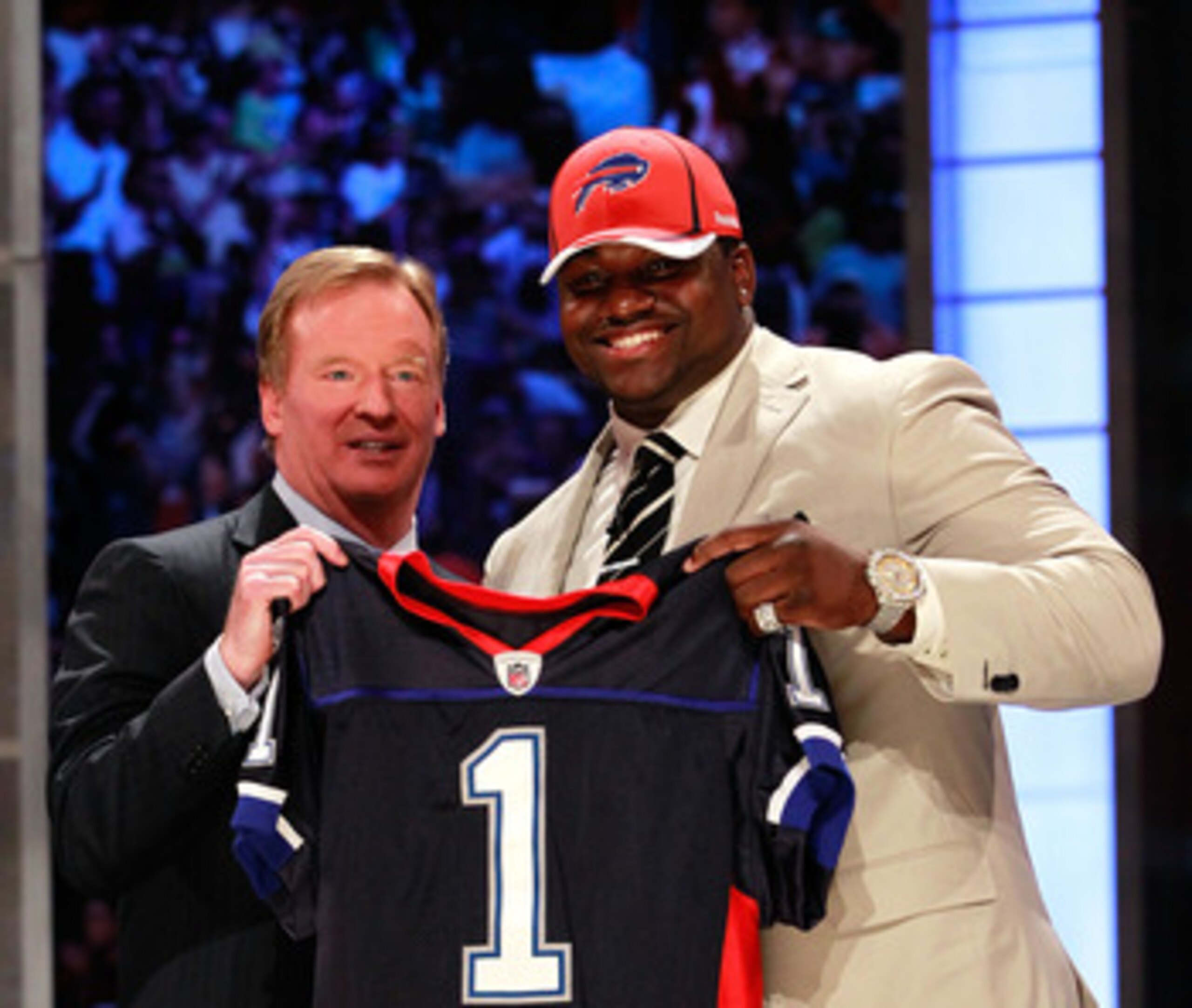 NEW YORK, NY - APRIL 28:  NFL Commissioner Roger Goodell poses for a photo with Marcell Dareus, #3 overall pick by the Buffalo Bills, as Dareus holds up a jersey during the 2011 NFL Draft at Radio City Music Hall on April 28, 2011 in New York City.  (Phot