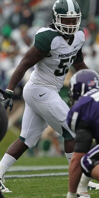 EVANSTON, IL - OCTOBER 23: Greg Jones #53 of the Michigan State Spartans awaits the start of play against the Northwestern Wildcats at Ryan Field on October 23, 2010 in Evanston, Illinois. Michigan State defeated Northwestern 35-27. (Photo by Jonathan Dan