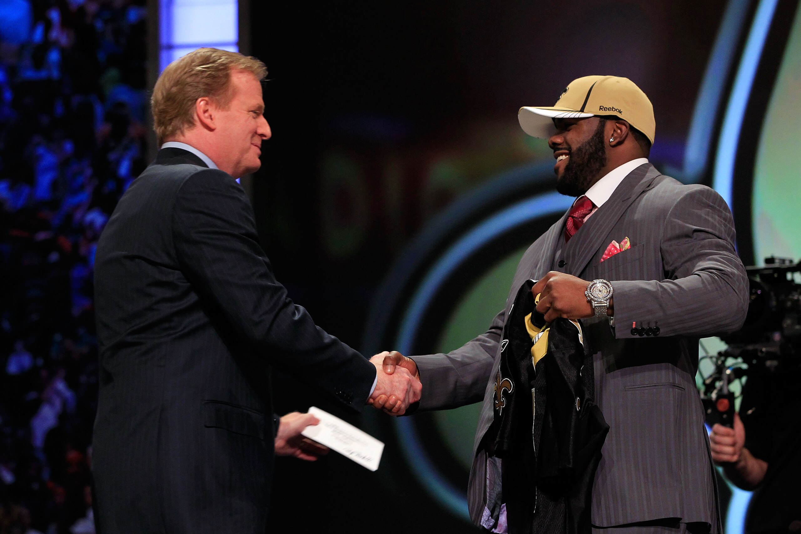NEW YORK, NY - APRIL 28: NFL Commissioner Roger Goodell (L) greets Mark Ingram, #28 overall pick by the New Orleans Saints, on stage during the 2011 NFL Draft at Radio City Music Hall on April 28, 2011 in New York City. (Photo by Chris Trotman/Getty Ima NEW YORK, NY - APRIL 28: NFL Commissioner Roger Goodell (L) greets Mark Ingram, #28 overall pick by the New Orleans Saints, on stage during the 2011 NFL Draft at Radio City Music Hall on April 28, 2011 in New York City. (Photo by Chris Trotman/Getty Ima