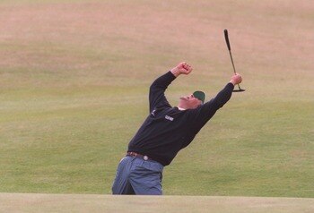 23 JUL 1995:  CONSTANTINO ROCCA OF ITALY CELEBRATES AFTER HOLING HIS PUTT ON THE 18TH GREEN TO GO INTO A PLAYOFF AGAINST JOHN DALY  DURING THE FINAL ROUND OF THE 1995 BRITISH OPEN GOLF CHAMPIONSHIPS ON THE OLD COURSE AT ST. ANDREWS GOLF COURSE IN ST. ANDR