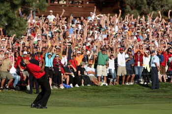 SAN DIEGO - JUNE 15:  Tiger Woods reacts to his birdie putt on the 18th green to force a playoff with Rocco Mediate during the final round of the 108th U.S. Open at the Torrey Pines Golf Course (South Course) on June 15, 2008 in San Diego, California.  (P
