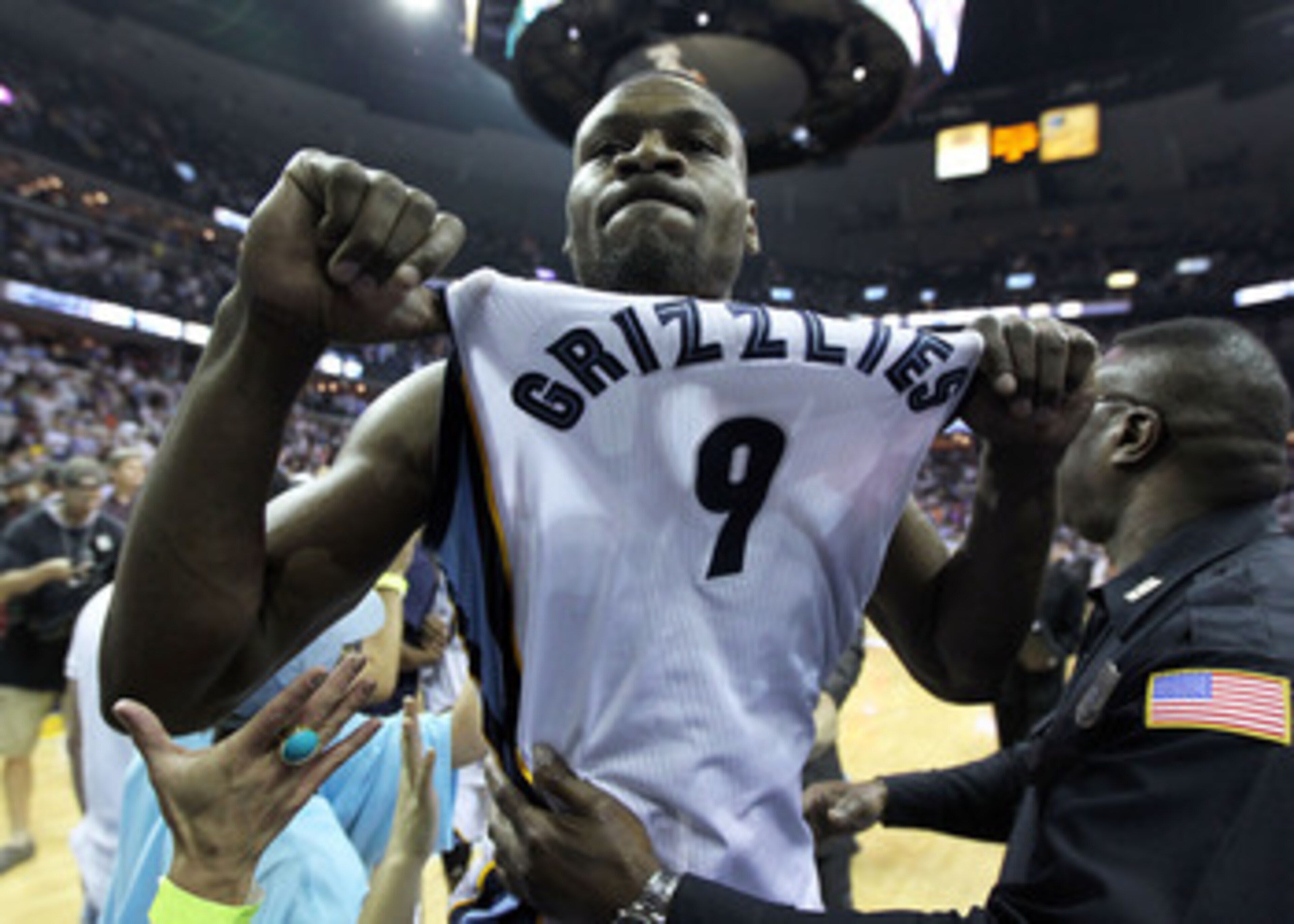 MEMPHIS, TN - APRIL 29: Tony Allen #9 of the Memphis Grizzlies celebrates after the Grizzlies beat the San Antonio Spurs 99-91 in Game Six of the Western Conference Quarterfinals in the 2011 NBA Playoffs at FedExForum on April 29, 2011 in Memphis, Tenness