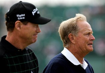 ST. ANDREWS, UNITED KINGDOM - JULY 15:  Tom Watson of the USA (L) and Jack Nicklaus of the USA walk down the second fairway during the second round of the 134th Open Championship at Old Course, St. Andrews Golf Links, July 15, 2005 in St  Andrews, Scotlan