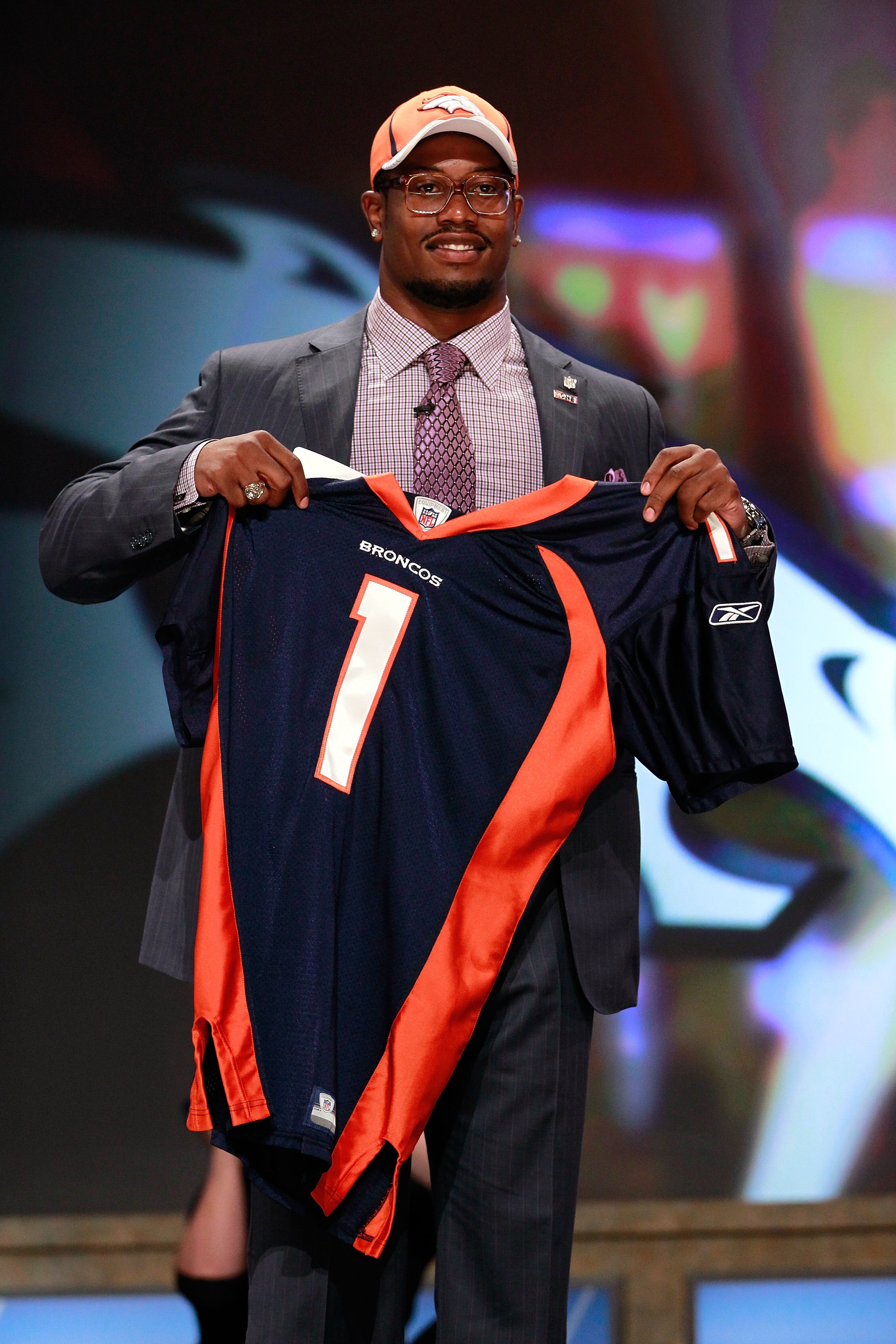 NEW YORK, NY - APRIL 28:  Von Miller, #2 overall pick by the Denver Broncos holds up a jersey on stage during the 2011 NFL Draft at Radio City Music Hall on April 28, 2011 in New York City.  (Photo by Chris Trotman/Getty Images)
