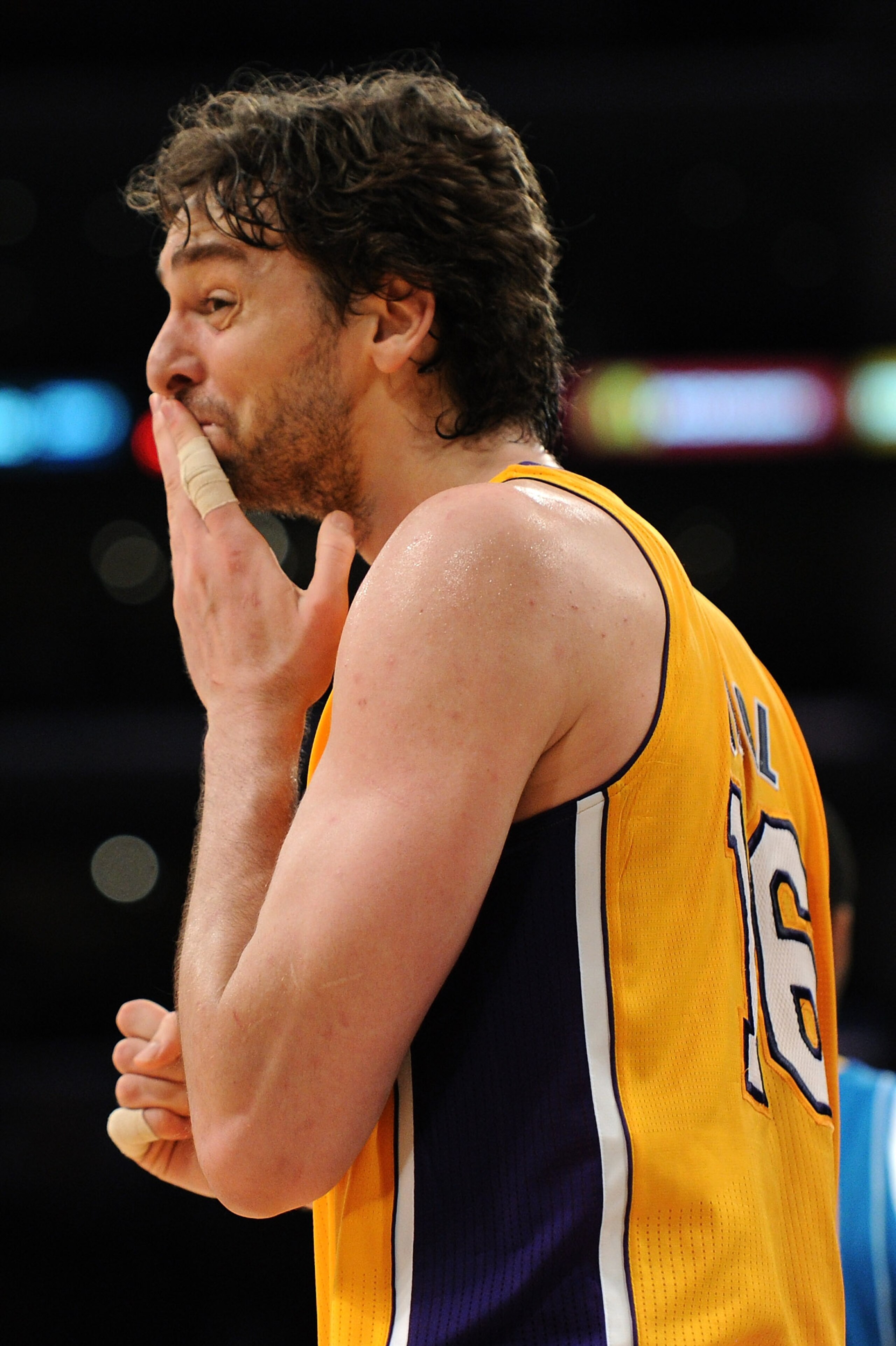 LOS ANGELES, CA - APRIL 26:  Pau Gasol #16 of the Los Angeles Lakers reacts in the third quarter while taking on the New Orleans Hornets in Game Five of the Western Conference Quarterfinals in the 2011 NBA Playoffs on April 26, 2011 at Staples Center in L