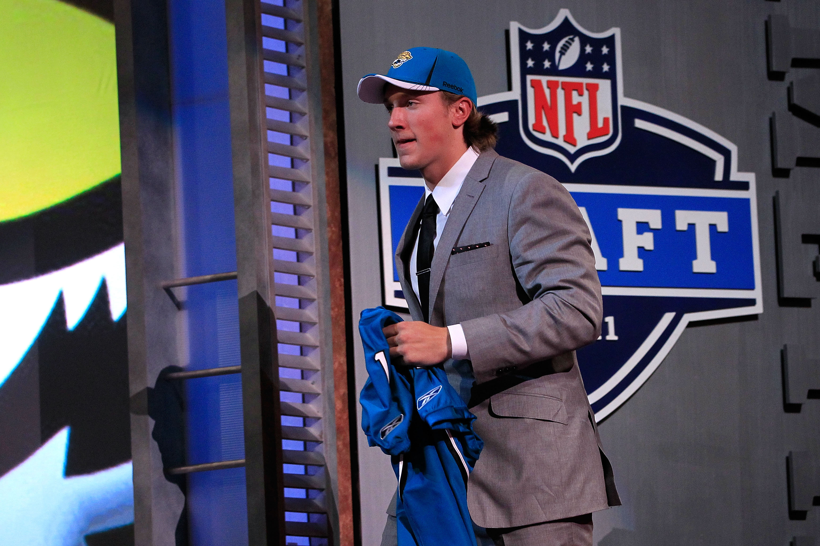 NEW YORK, NY - APRIL 28:  Blaine Gabbert walks on stage after he was picked #11 overall pick by the Jacksonville Jaguars during the 2011 NFL Draft at Radio City Music Hall on April 28, 2011 in New York City.  (Photo by Chris Trotman/Getty Images)