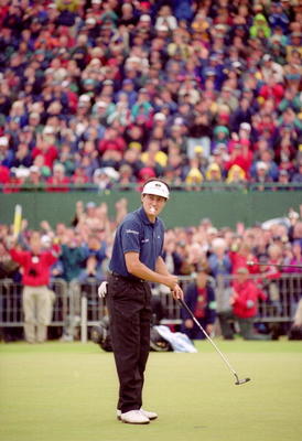 French golfer Jean Van de Velde prepares for his 7th shot on the 18th green in the final round of the British Open Championship at Carnoustie, Scotland, 18th July 1999. Having arrived at the 18th tee with a three-shot lead, Van de Velde narrowly lost the