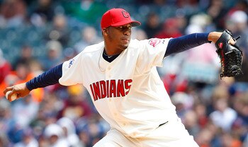 CLEVELAND - APRIL 17:  Fausto Carmona #55 of the Cleveland Indians pitches against the Baltimore Orioles during the game on April 17, 2011 at Progressive Field in Cleveland, Ohio.  (Photo by Jared Wickerham/Getty Images)