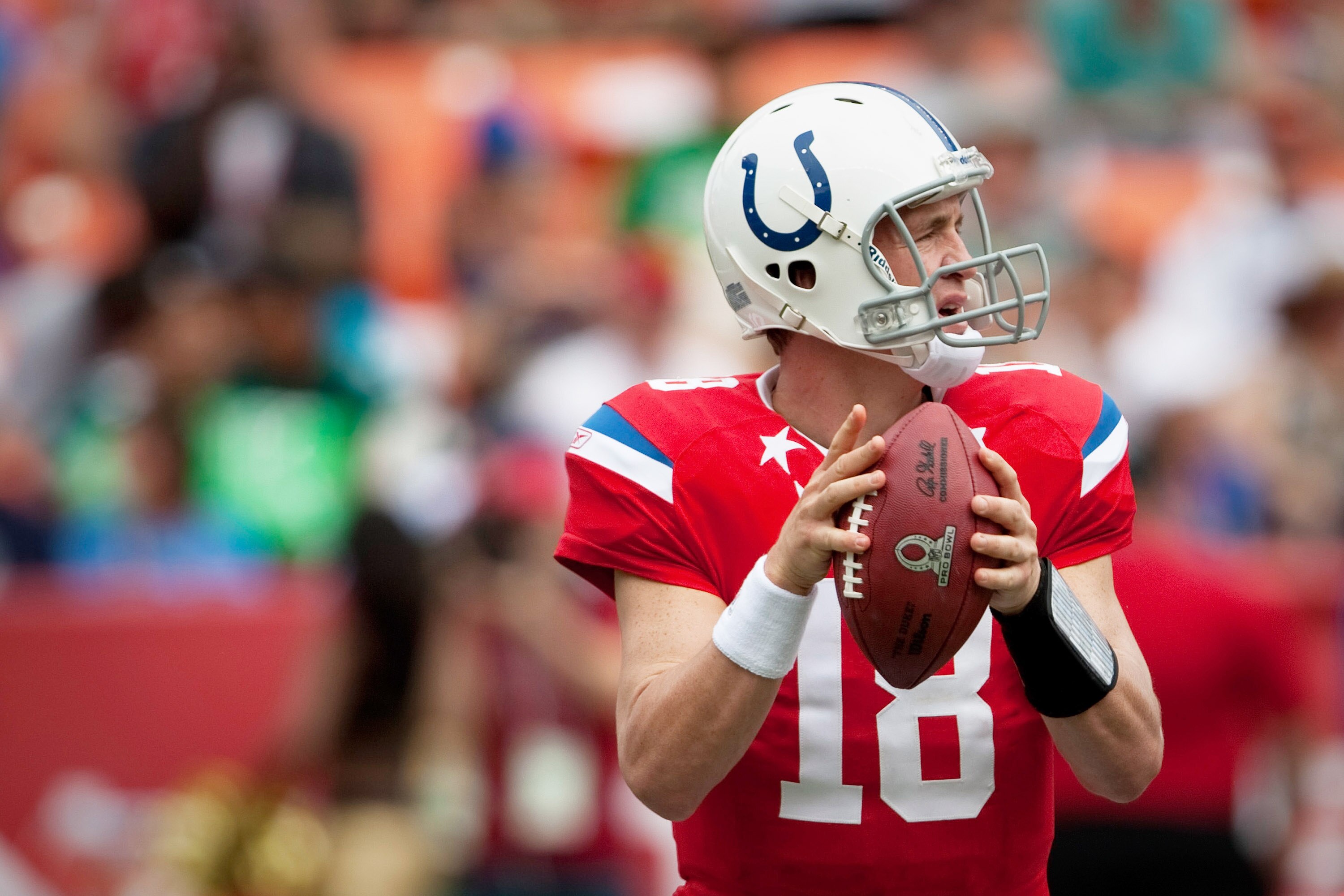 HONOLULU - JANUARY 30:  Peyton Manning, #18 of the Indianapolis Colts, looks for an open reciever during the 2011 NFL Pro Bowl at Aloha Stadium on January 30, 2011 in Honolulu, Hawaii. NFC won 55-41 over the AFC. (Photo by Kent Nishimura/Getty Images)