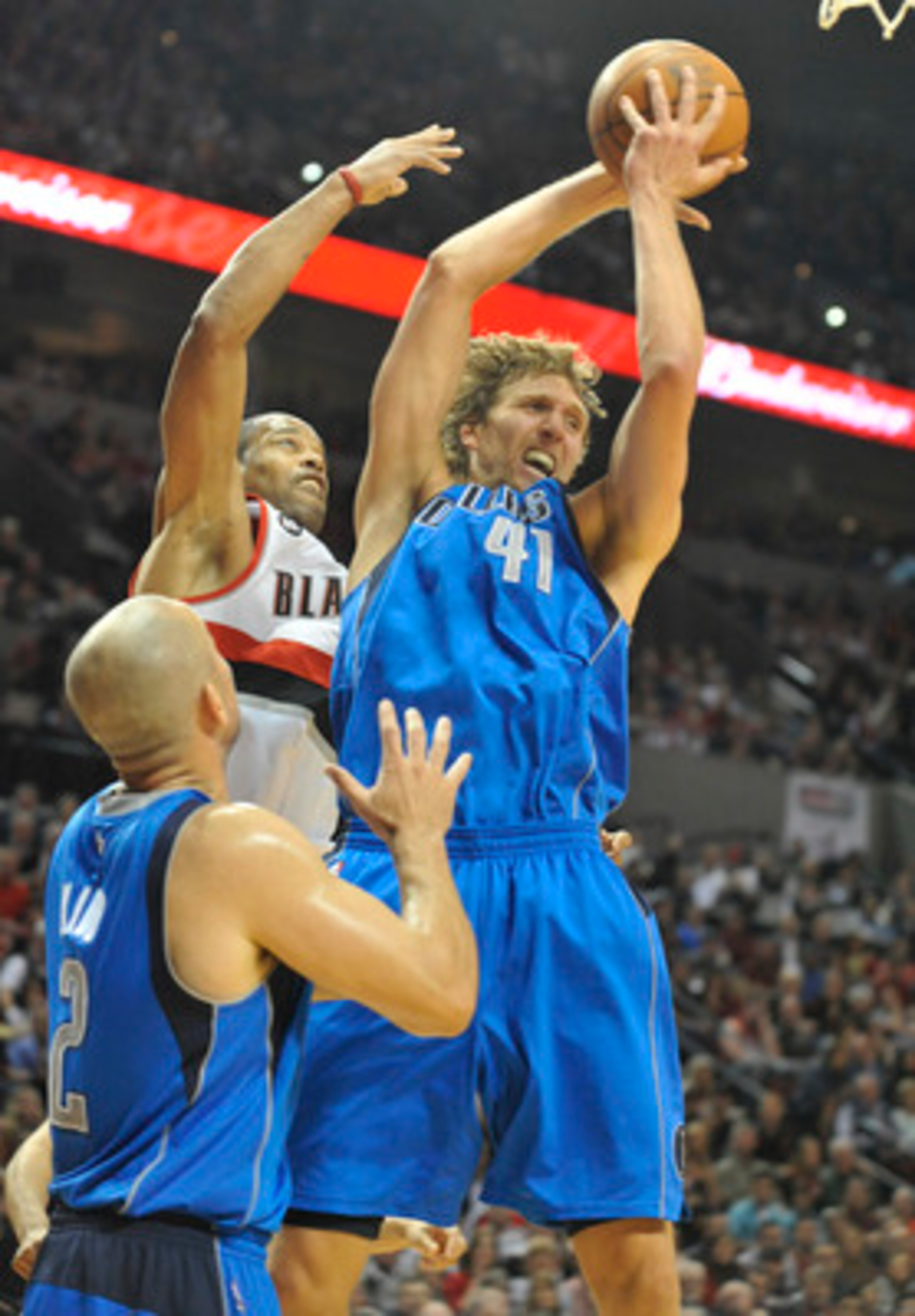 PORTLAND, OR - APRIL 28: Dirk Nowitski #41 of the Dallas Mavericks grabs a rebound in front of Marcus Camby #23 of the Portland Trail Blazers during the fourth quarter of Game Six of the Western Conference Quartefinals in the 2011 NBA Playsoffs on April 2
