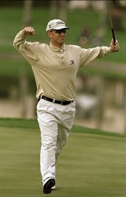 24 Jan 1999: David Duval celebrates after a 59 score during the Bob Hope Chrysler Classic at the PGA West Palmer Country Club in La Quinta, California. Mandatory Credit: Harry How  /Allsport