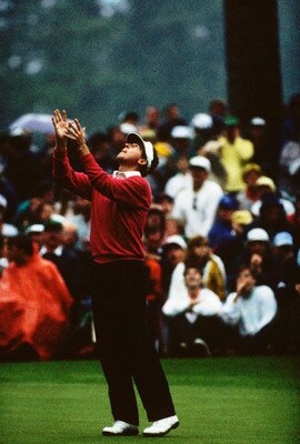 AUGUSTA,GA - APRIL 9: Scott Hoch of USA misses a key putt on the 10th hole during the play off after the final round of the Masters, held at The Augusta National Golf Club on April 9, 1989  in Augusta, GA.  (Photo by David Cannon/Getty Images)