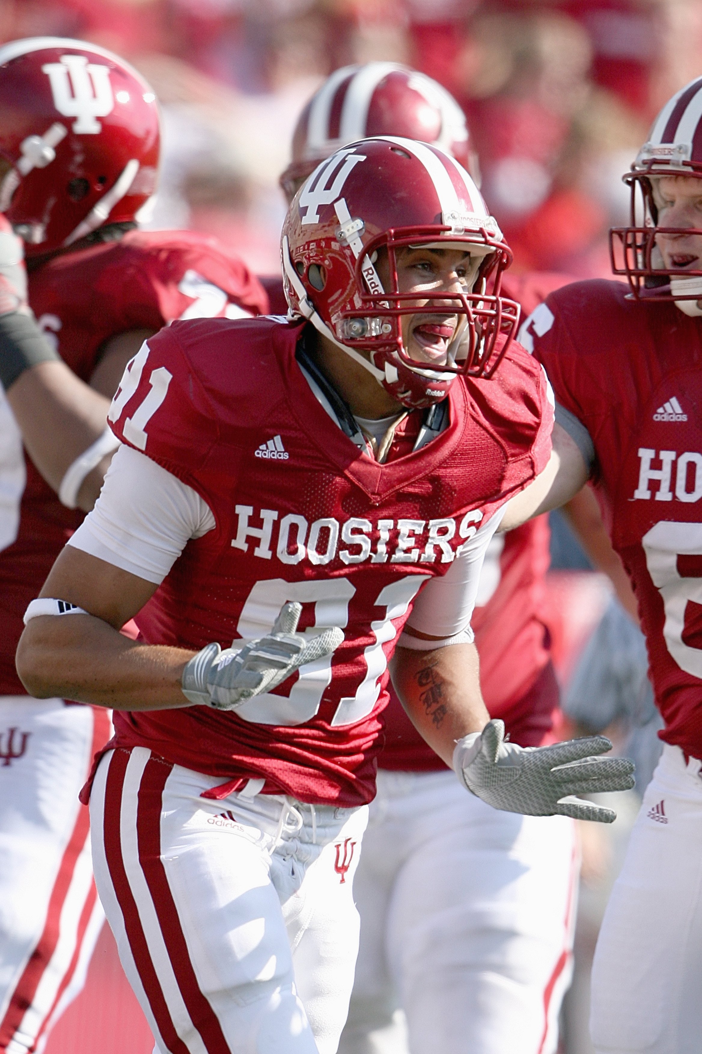 BLOOMINGTON, IN - NOVEMBER 01:  Tandon Doss #81 of the Indiana Hooisers celebrates on the field during the game against the Central Michigan Chippewas at Memorial Stadium on November 1, 2008 in Bloomington, Indiana.  (Photo by Andy Lyons/Getty Images)