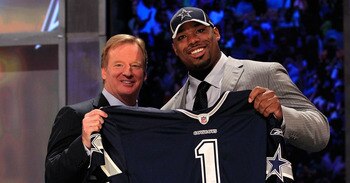 NEW YORK, NY - APRIL 28:  NFL Commissioner Roger Goodell (L) poses for a photo with Tyron Smith, #9 overall pick by the Dallas Cowboys, on stage during the 2011 NFL Draft at Radio City Music Hall on April 28, 2011 in New York City.  (Photo by Chris Trotma