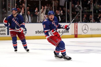 WASHINGTON, DC - APRIL 15: Marian Gaborik #10 of the New York Rangers takes the shot against the Washington Capitals in Game Two of the Eastern Conference Quarterfinals during the 2011 NHL Stanley Cup Playoffs at Verizon Center on April 15, 2011 in Washin