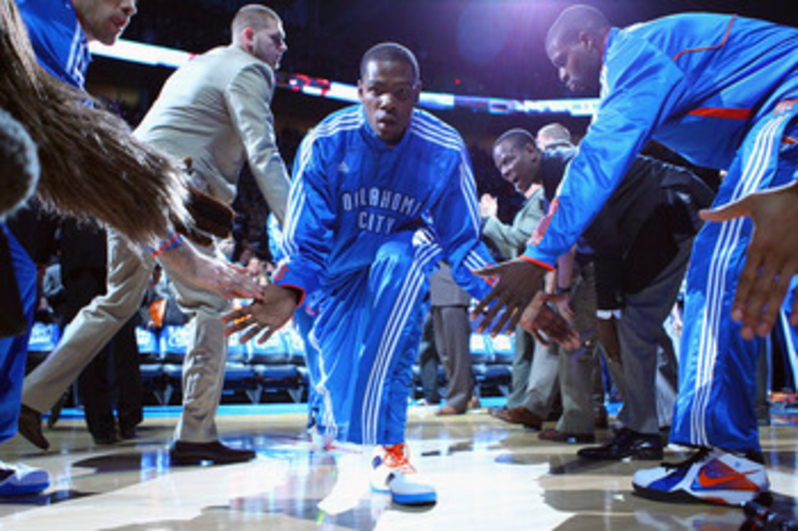 OKLAHOMA CITY, OK - APRIL 27: Kevin Durant #35 of the Oklahoma City Thunder is introduced prior to playing against the Denver Nuggets in Game Five of the Western Conference Quarterfinals in the 2011 NBA Playoffs on April 27, 2011 at the Ford Center in Okl