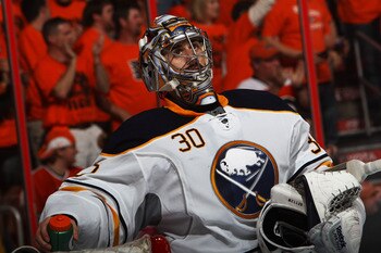 PHILADELPHIA, PA - APRIL 26:  Ryan Miller #30 of the Buffalo Sabres reacts during their game against the Philadelphia Flyers in Game Seven of the Eastern Conference Quarterfinals during the 2011 NHL Stanley Cup Playoffs at Wells Fargo Center on April 26, 