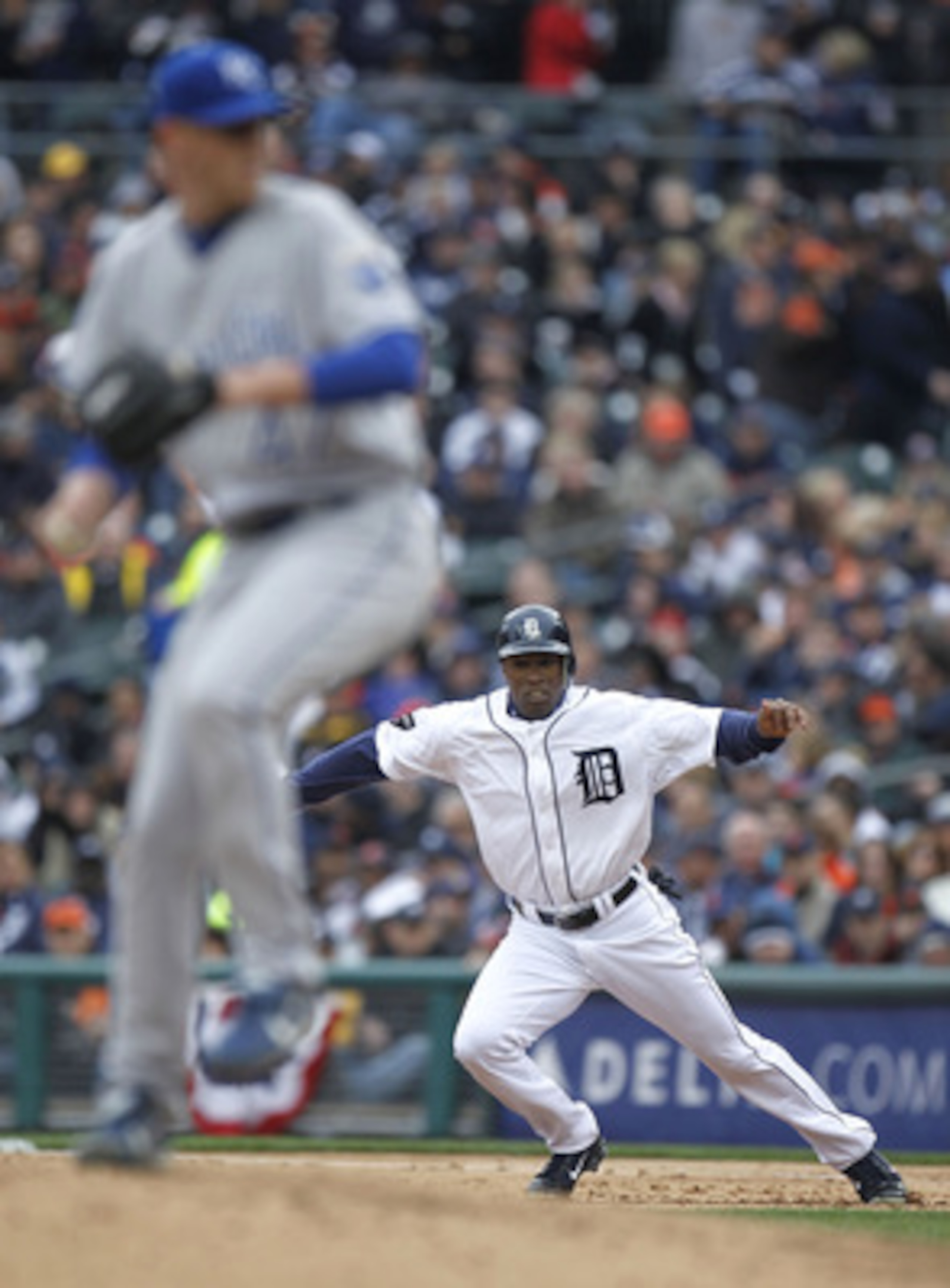 DETROIT, MI - APRIL 08: Austin Jackson #14 of the Detroit Tigers steals second base on Nate Adcock #47 of the Kansas City Royals during Opening Day at Comerica Park on April 8, 2011 in Detroit, Michigan. Detroit won the game 5-2. (Photo by Gregory Shamu DETROIT, MI - APRIL 08: Austin Jackson #14 of the Detroit Tigers steals second base on Nate Adcock #47 of the Kansas City Royals during Opening Day at Comerica Park on April 8, 2011 in Detroit, Michigan. Detroit won the game 5-2. (Photo by Gregory Shamu