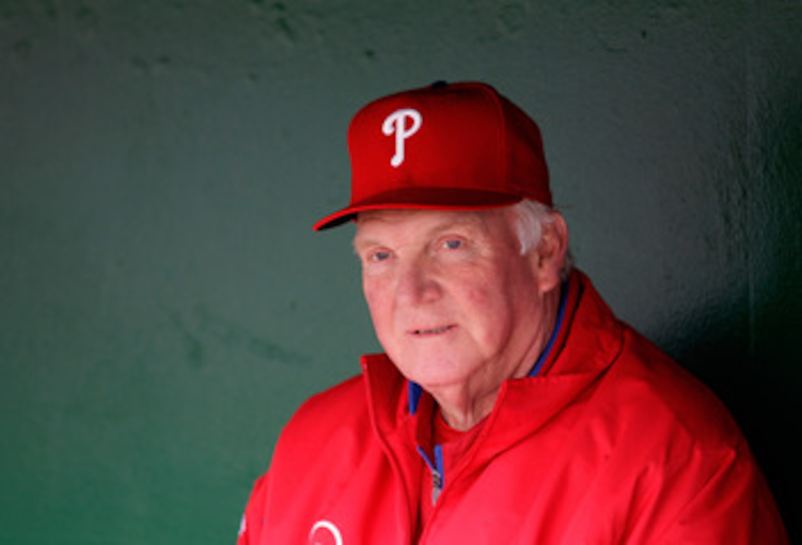 WASHINGTON, DC - APRIL 13:  Manager Charlie Manuel #41 of the Philadelphia Phillies talks with the media in the dugout before the start of their game against the Washington Nationals at Nationals Park on April 13, 2011 in Washington, DC.  (Photo by Rob Ca
