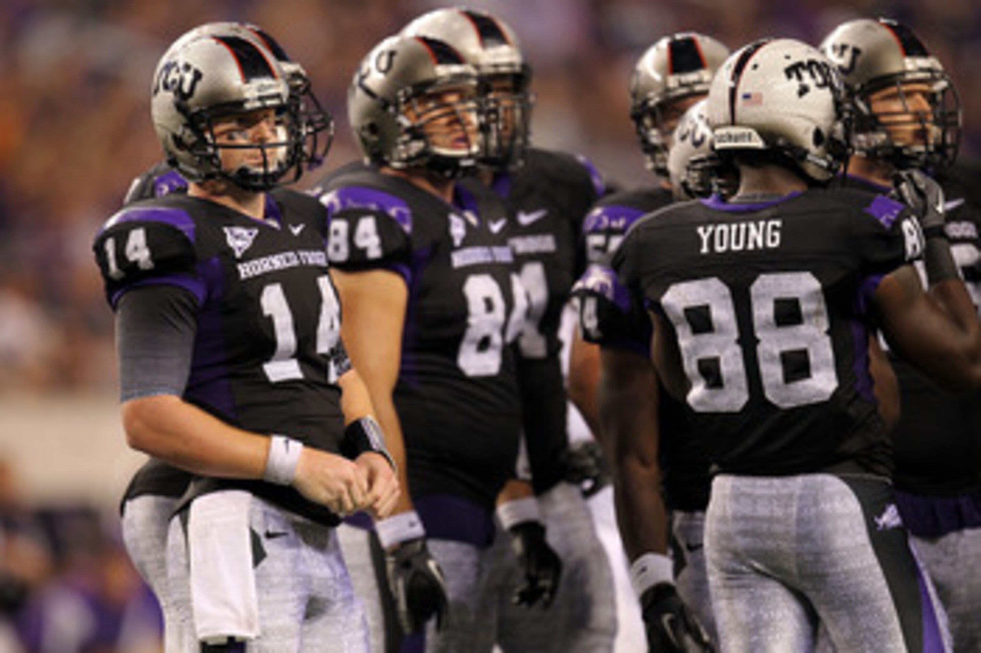 ARLINGTON, TX - SEPTEMBER 04:  Quarterback Andy Dalton #14 of the TCU Horned Frogs at Cowboys Stadium on September 4, 2010 in Arlington, Texas.  (Photo by Ronald Martinez/Getty Images)