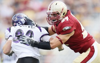 CHESTNUT HILL, MA - SEPTEMBER 04:  Mark Herzlich #94 of the Boston College Eagles blocks Erik Walker #83 of the Weber State Wildcats on September 4, 2010 at Alumni Stadium in Chestnut Hill, Massachusetts. Boston College defeated Weber State 38-20.  (Photo