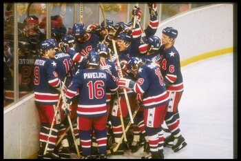 LAKE PLACID - FEBRUARY 24: The United States hockey team gather to celebrate their victory over Finland in the gold medal game on February 24, 1980 of the 1980 Winter Olympics in Lake Placid, New York. (Photo by Steve Powell/Getty Images)
