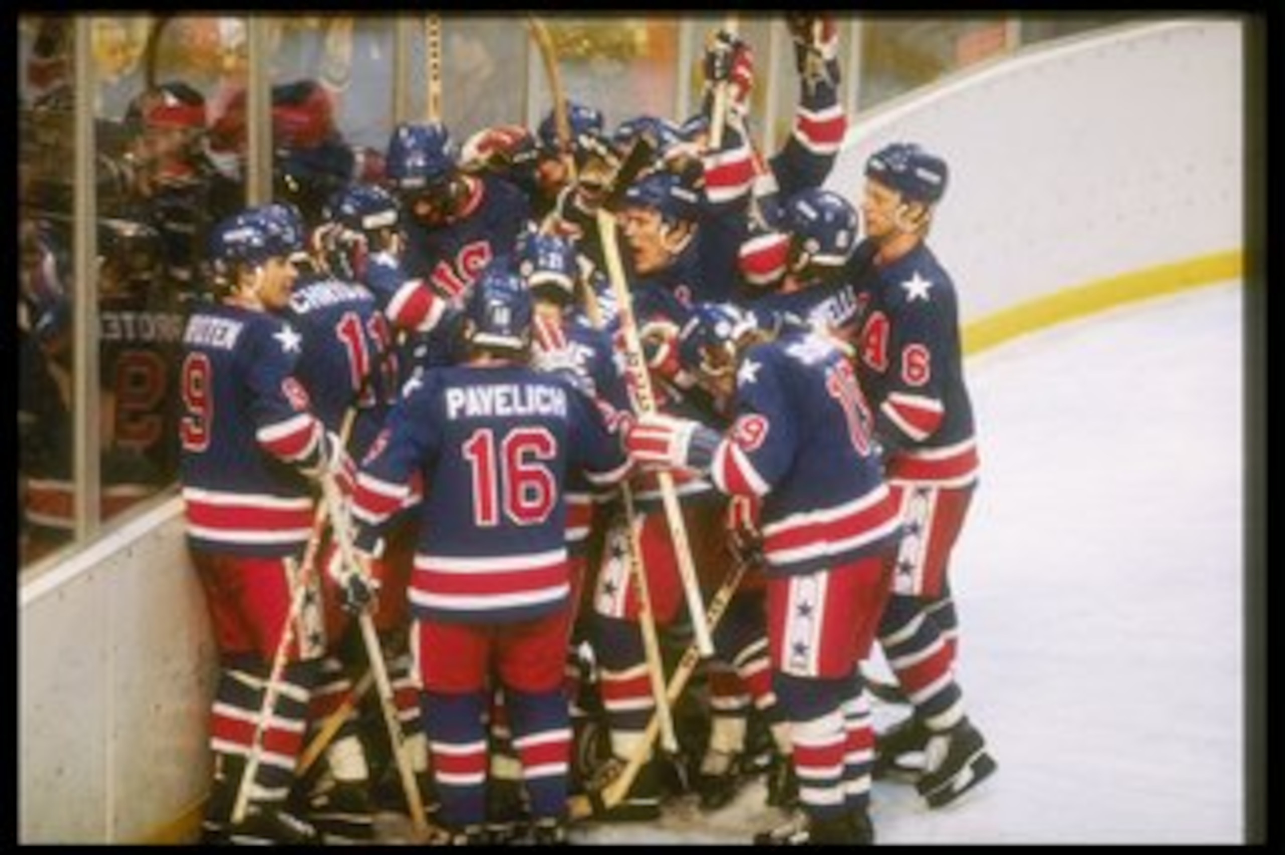 LAKE PLACID - FEBRUARY 24: The United States hockey team gather to celebrate their victory over Finland in the gold medal game on February 24, 1980 of the 1980 Winter Olympics in Lake Placid, New York. (Photo by Steve Powell/Getty Images)