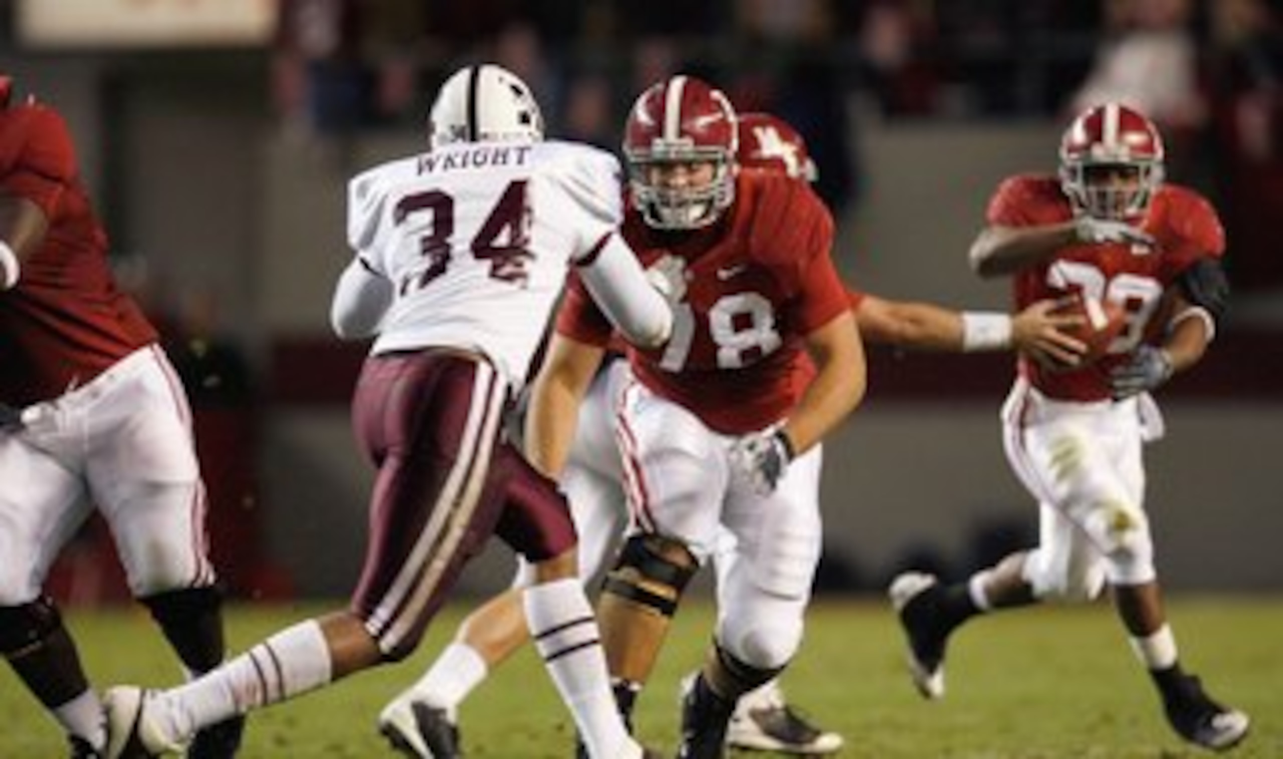 TUSCALOOSA, AL - NOVEMBER 15:  # of the Alabama Crimson Tide # of the Mississippi State Bulldogs during the game at Bryant-Denny Stadium on November 15, 2008 in Tuscaloosa, Alabama.  (Photo by Kevin C. Cox/Getty Images)