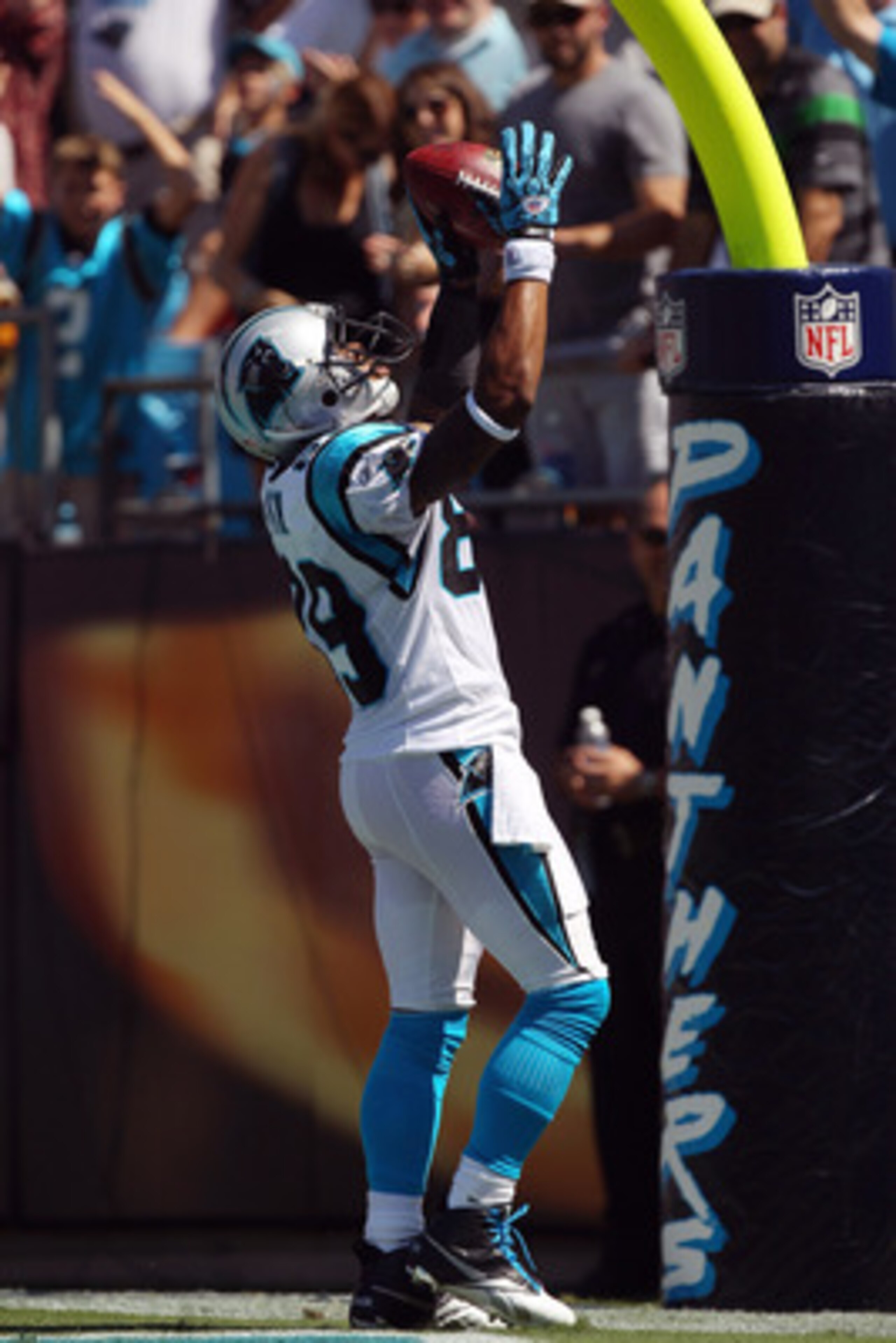 CHARLOTTE, NC - SEPTEMBER 19:  Steve Smith #89 of the Carolina Panthers reacts after scoring a touchdown against the Tampa Bay Buccaneers during their game at Bank of America Stadium on September 19, 2010 in Charlotte, North Carolina.  (Photo by Streeter