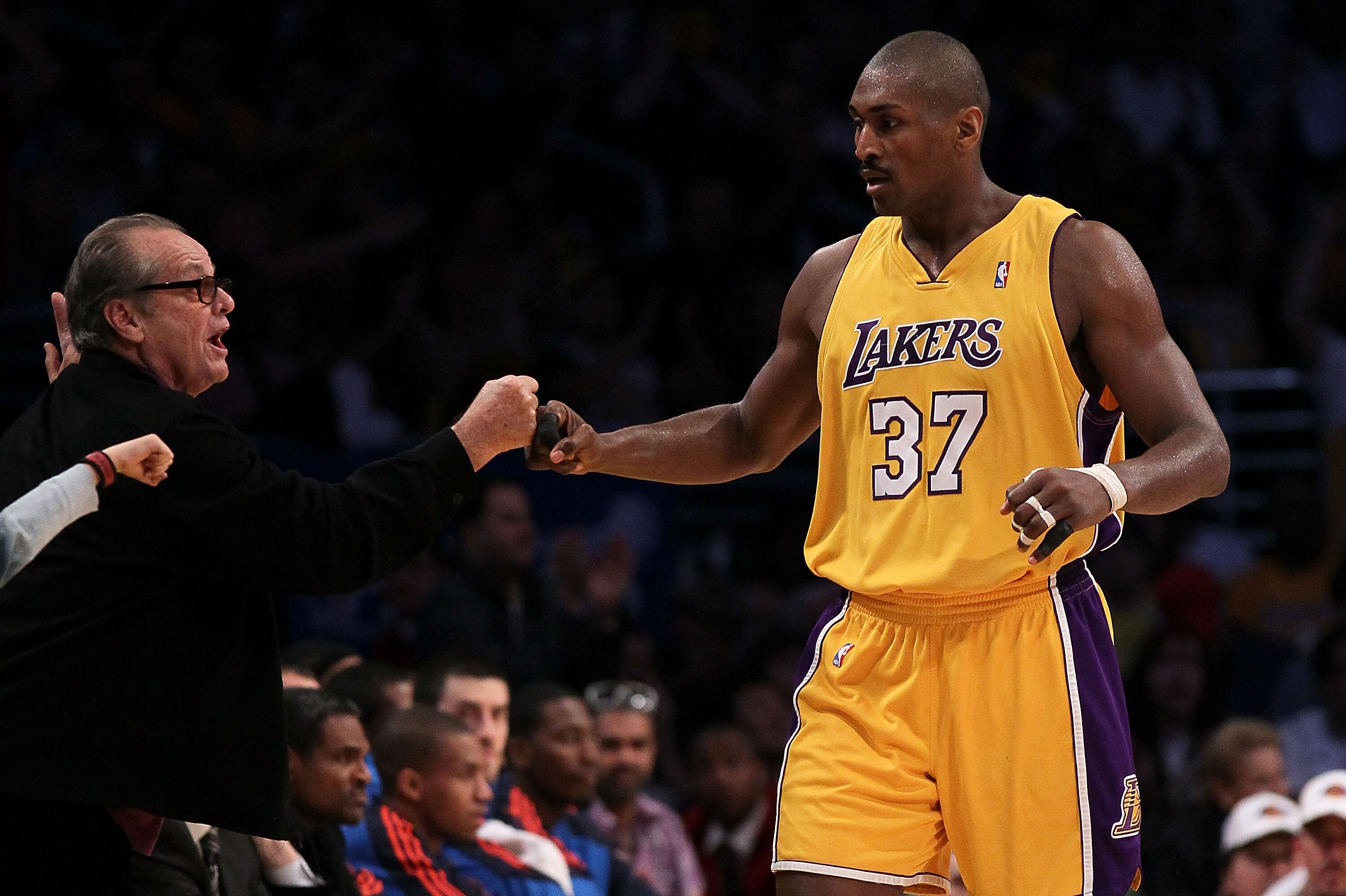 LOS ANGELES, CA - APRIL 27:  Ron Artest #37 of the Los Angeles Lakers reacts with actor Jack Nicholson in the third quarter while taking on the Oklahoma City Thunder during Game Five of the Western Conference Quarterfinals of the 2010 NBA Playoffs at Stap