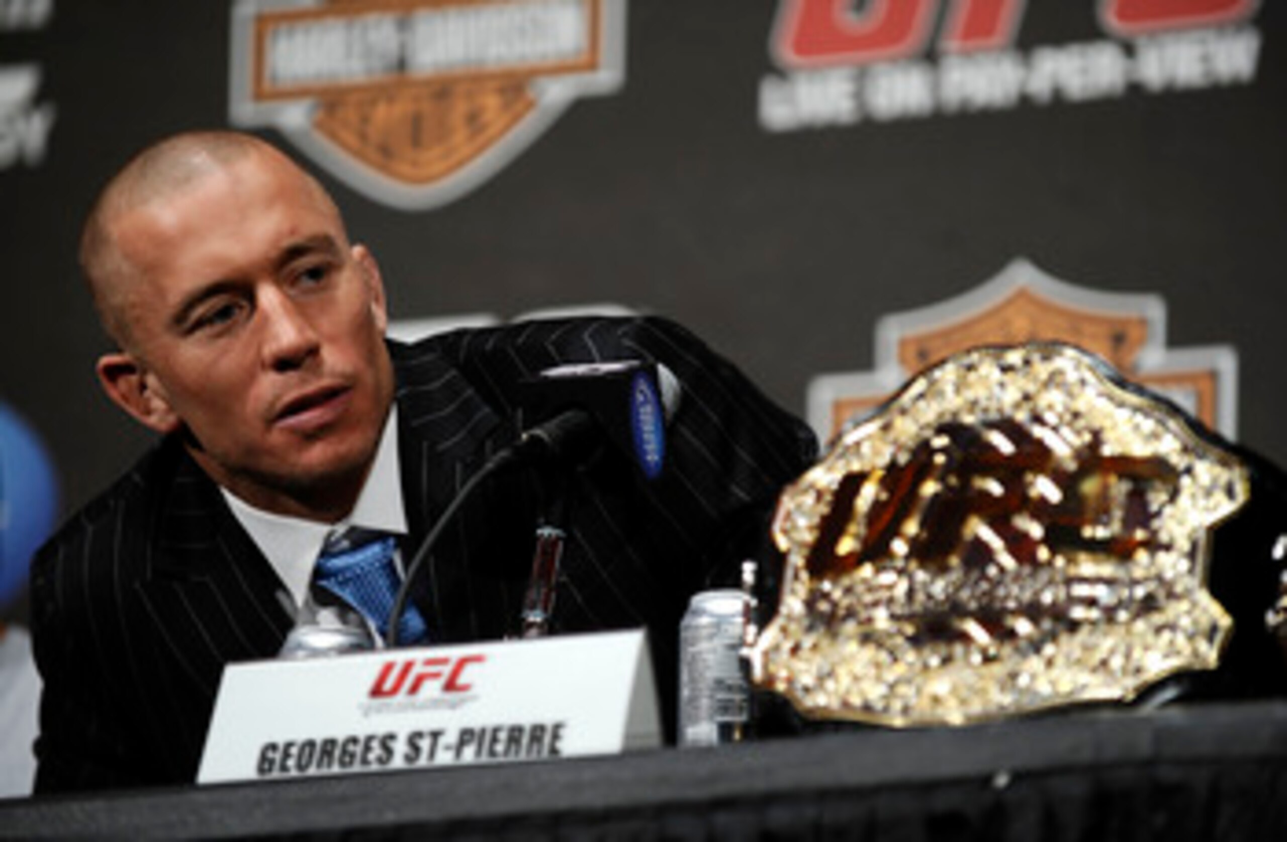 NEW YORK - MARCH 24:  Georges St-Pierre of Montreal, Quebec, Canada speaks at a press conference for UFC 111 at Radio City Music Hall on March 24, 2010 in New York City.  St-Pierre will face Dan Hardy of Nottingham UK in the Welterweight title bout.  (Pho