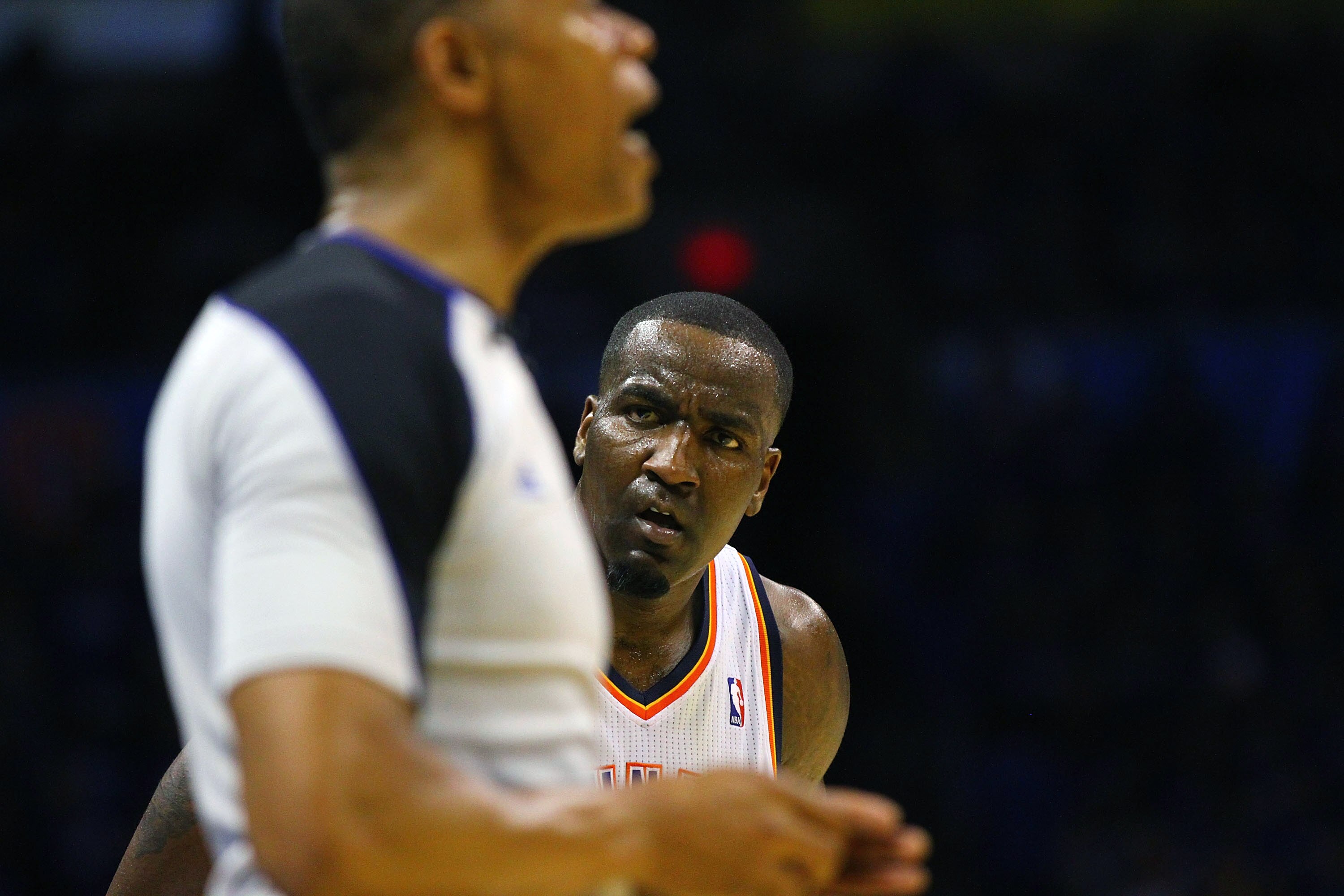 OKLAHOMA CITY, OK - APRIL 20: Kendrick Perkins #5 of the Oklahoma City Thunder questions an official's call against him against the Denver Nuggets in Game Two of the Western Conference Quarterfinals in the 2011 NBA Playoffs on April 20, 2011 at the Ford C
