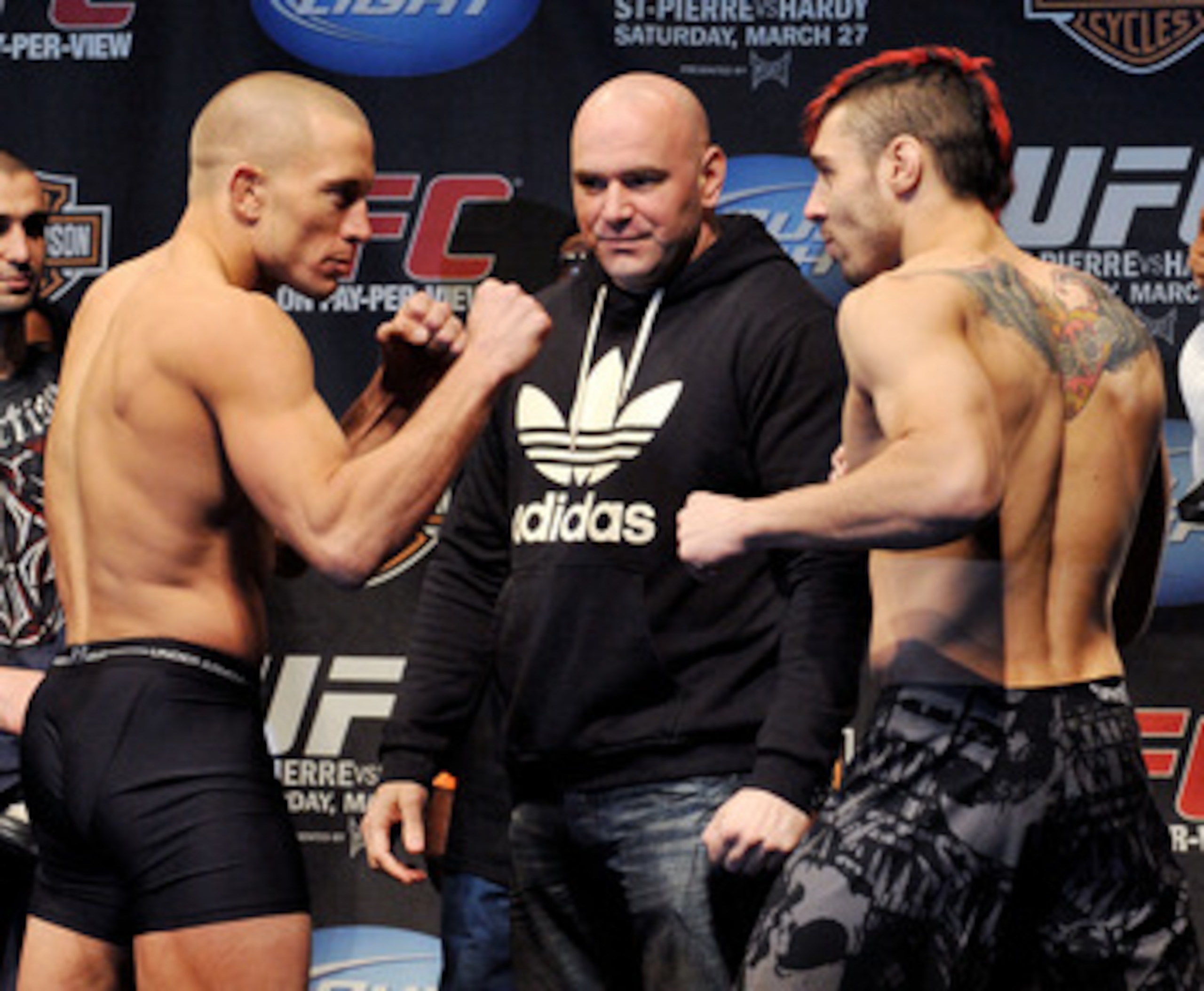 NEWARK, NJ - MARCH 26:  UFC fighter Georges St-Pierre (L) faces off against UFC fighter Dan Hardy (R) for their Championship Welterweight fight at UFC 111: St-Pierre vs. Hardy Weigh-In on March 26, 2010 in Newark, New Jersey.  (Photo by Jon Kopaloff/Getty