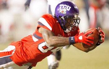 MOBILE, AL - JANUARY 29:  Wide receiiver Jeremy Kerley #84 of the South Team dives into the endzone while scoring on a touchdown pass against the North Team during the fourth quarter of the Under Armour Senior Bowl on January 29, 2011 at Ladd-Pebbles Stad