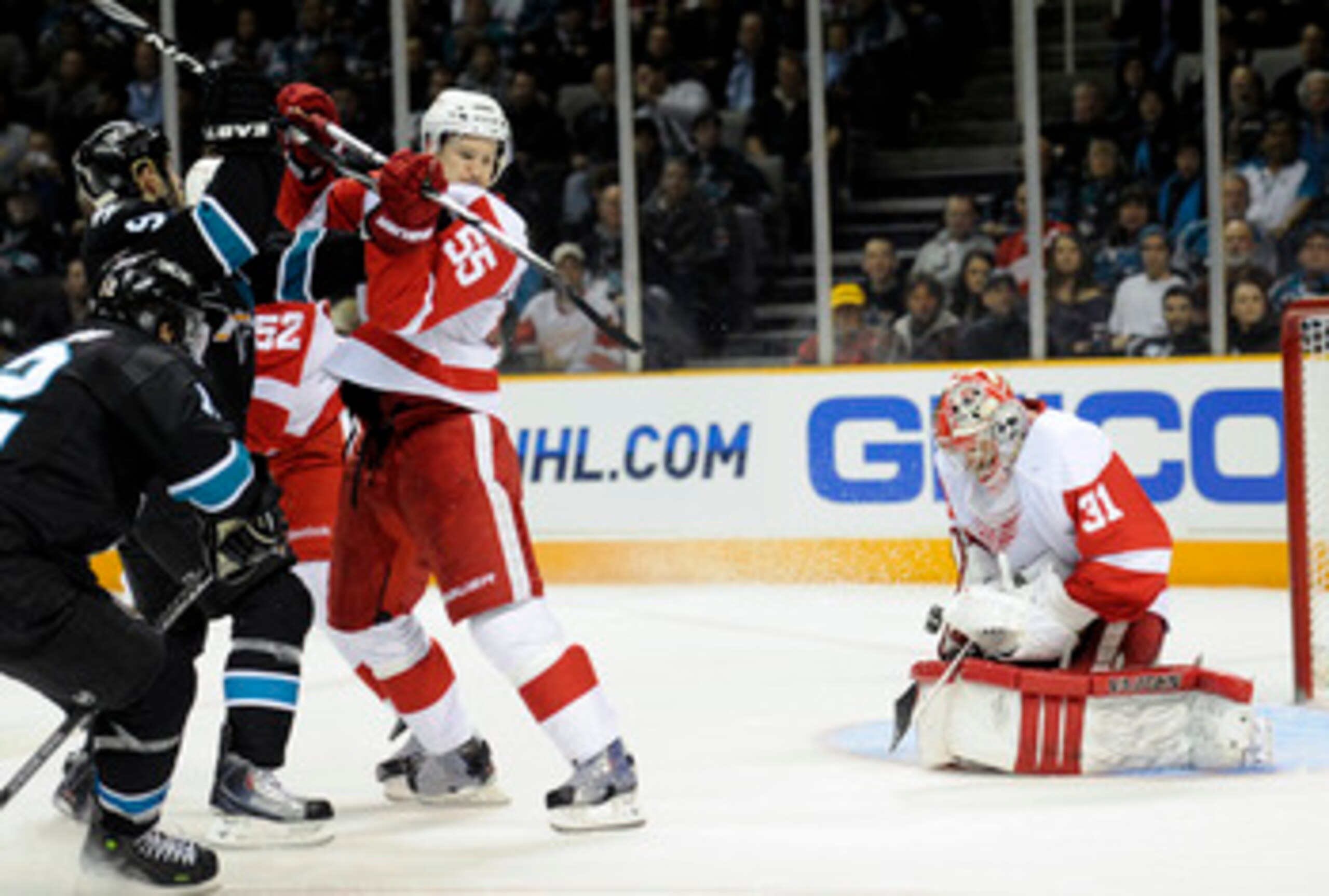 SAN JOSE, CA - MARCH 3: Joey MacDonald #31 of the Detroit Red Wings gets some help defending his goal from teammate Niklas Kronwall #55 against the San Jose Sharks in the second period of an NHL hockey game at the HP Pavilion on March 3, 2011 in San Jose, SAN JOSE, CA - MARCH 3: Joey MacDonald #31 of the Detroit Red Wings gets some help defending his goal from teammate Niklas Kronwall #55 against the San Jose Sharks in the second period of an NHL hockey game at the HP Pavilion on March 3, 2011 in San Jose,