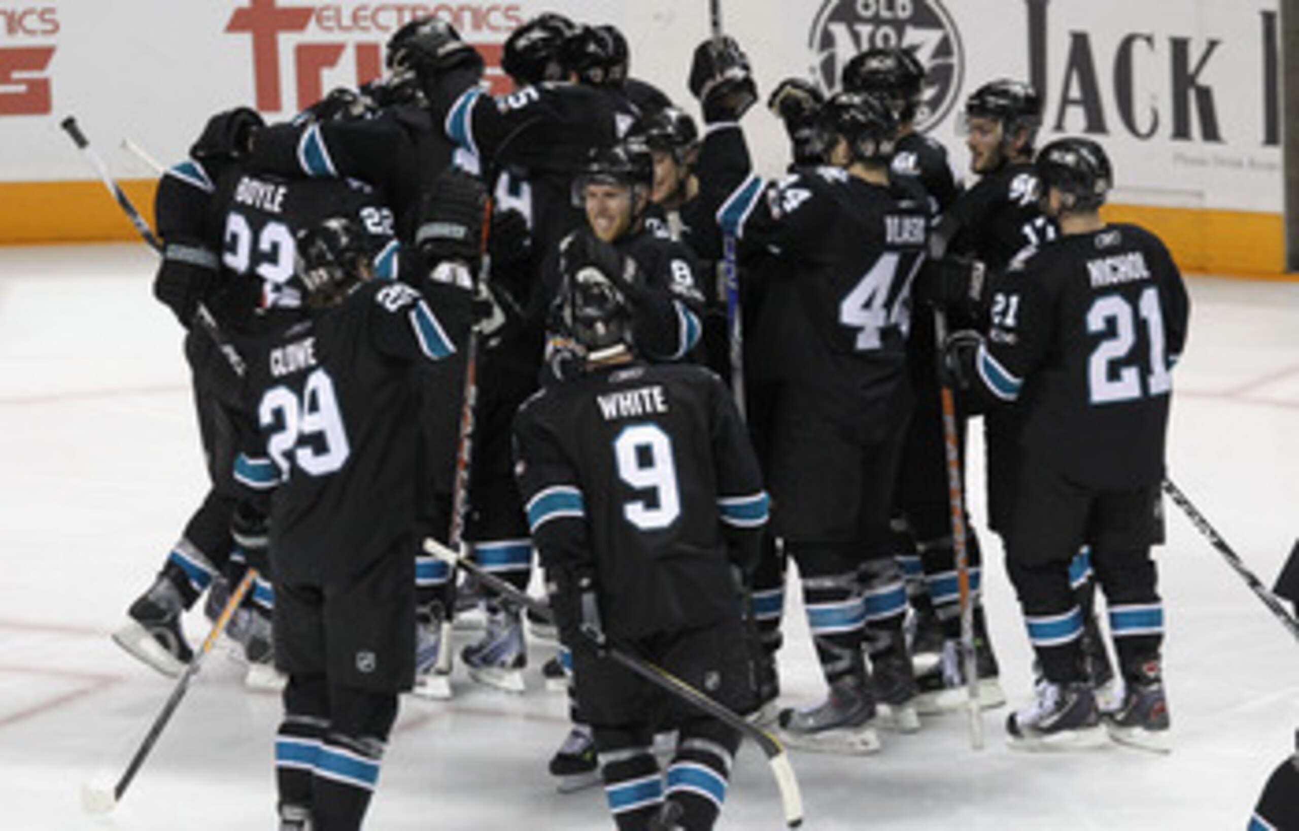 SAN JOSE, CA - APRIL 29: The San Jose Sharks celebrate after they beat the Detroit Red Wings in overtime in Game One of the Western Conference Semifinals during the 2011 NHL Stanley Cup Playoffs at HP Pavilion on April 29, 2011 in San Jose, California. SAN JOSE, CA - APRIL 29: The San Jose Sharks celebrate after they beat the Detroit Red Wings in overtime in Game One of the Western Conference Semifinals during the 2011 NHL Stanley Cup Playoffs at HP Pavilion on April 29, 2011 in San Jose, California.