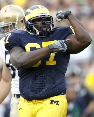 ANN ARBOR, MI - SEPTEMBER 15:  Terrence Taylor #67 of the Michigan Wolverines celebrates a first quarter sack against the Notre Dame Fighting Irish at Michigan Stadium September 15, 2007 in Ann Arbor, Michigan.  (Photo by Gregory Shamus/Getty Images)
