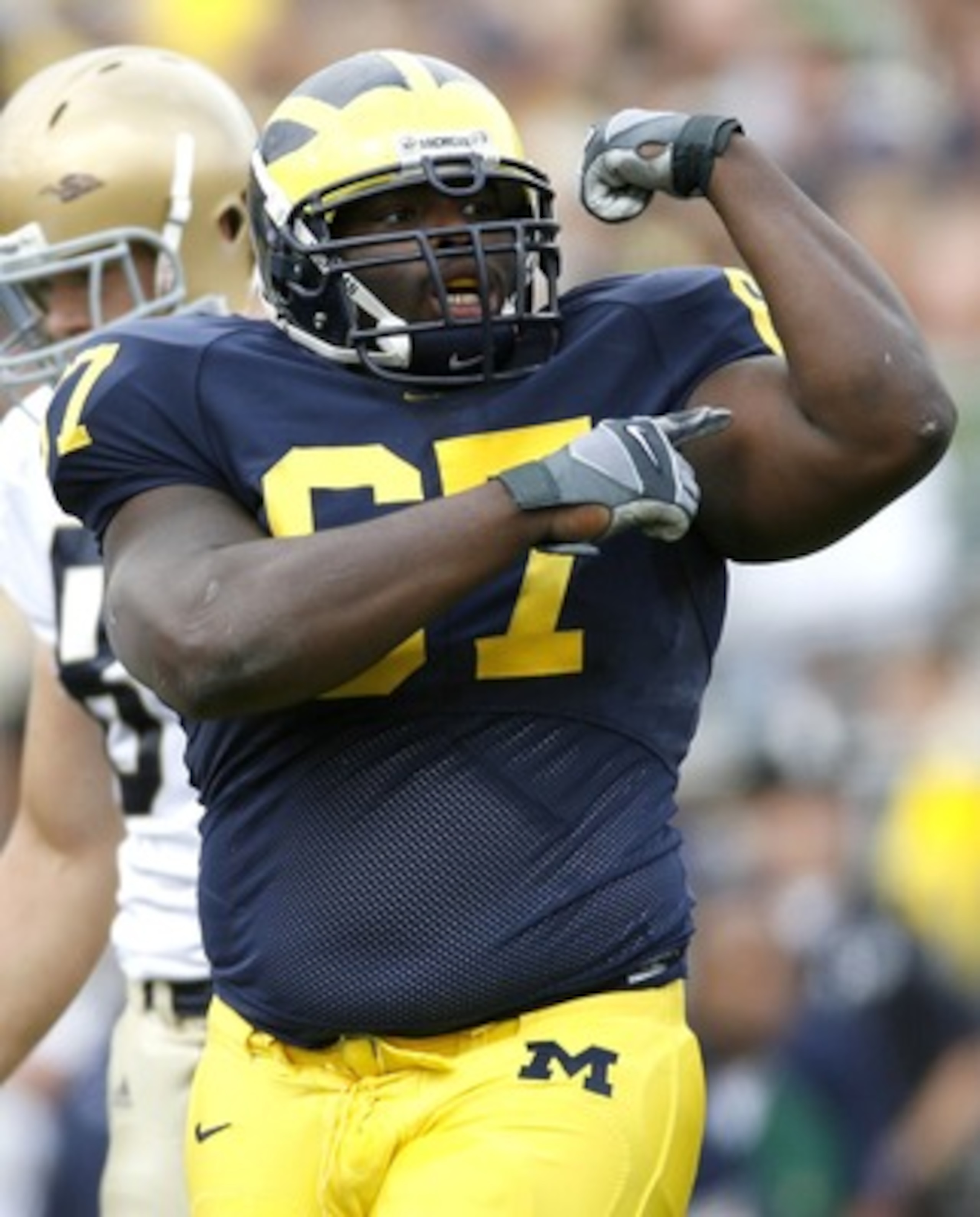 ANN ARBOR, MI - SEPTEMBER 15:  Terrence Taylor #67 of the Michigan Wolverines celebrates a first quarter sack against the Notre Dame Fighting Irish at Michigan Stadium September 15, 2007 in Ann Arbor, Michigan.  (Photo by Gregory Shamus/Getty Images)