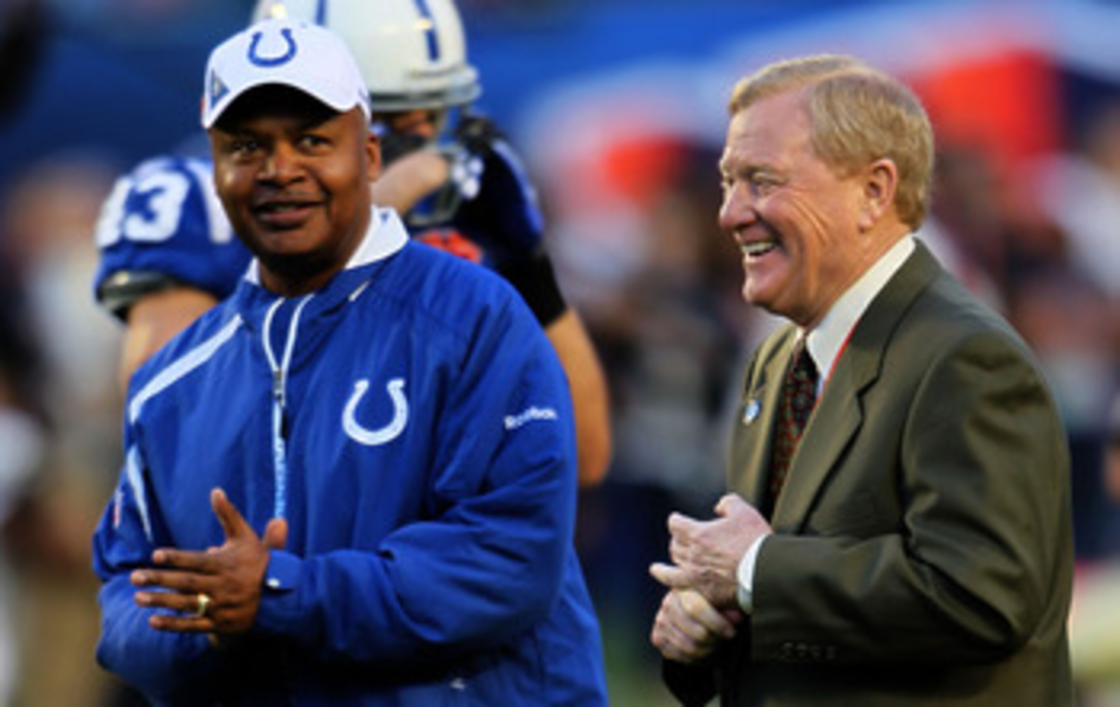 MIAMI GARDENS, FL - FEBRUARY 07:  Head Coach Jim Caldwell (L) of the Indianapolis Colts stands on the field during warm ups with President of the Indianapolis Colts Bill Polian prior to Super Bowl XLIV against the New Orleans Saints on February 7, 2010 at
