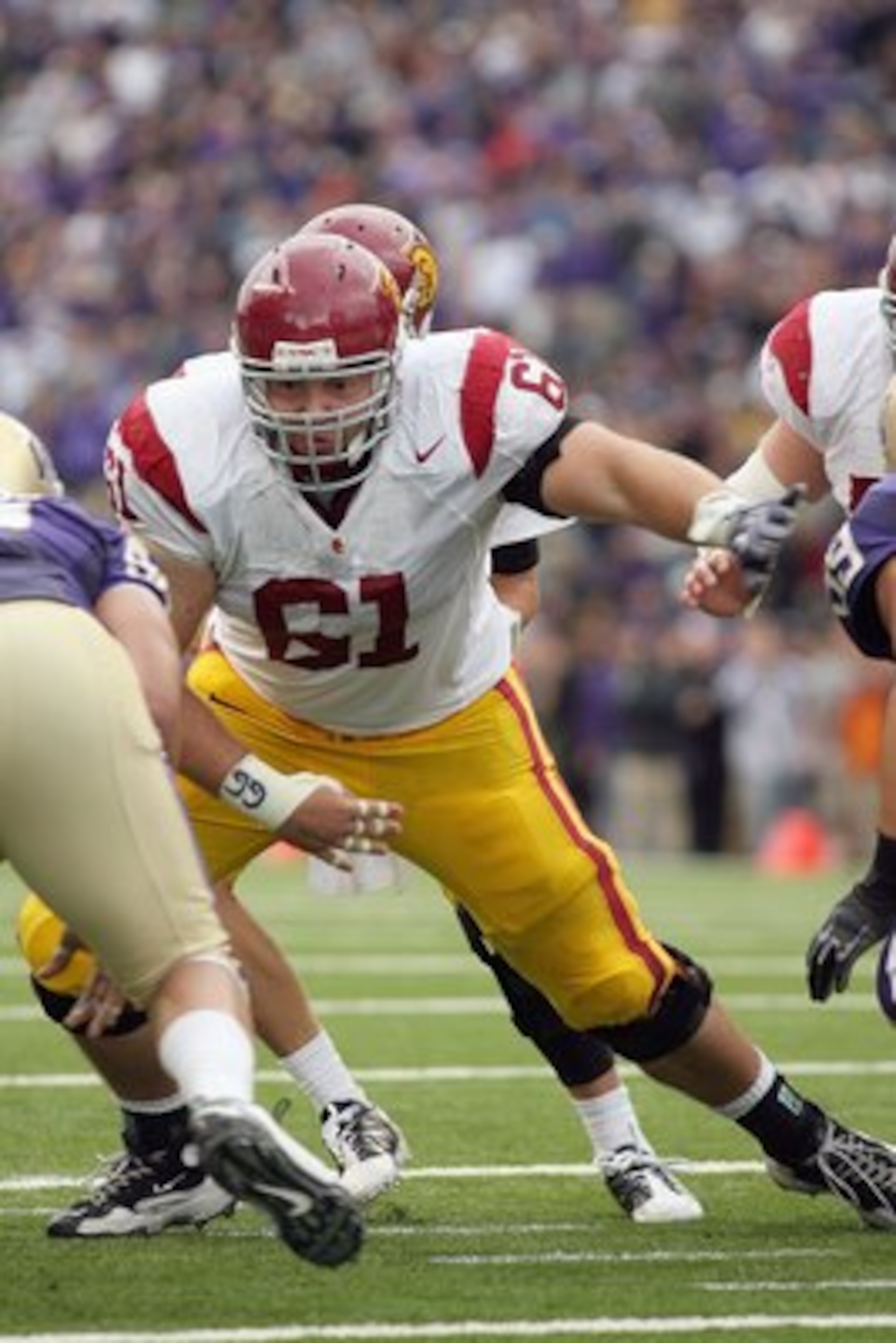 SEATTLE - SEPTEMBER 19:  Center Kristofer O'Dowd #61 of the USC Trojans moves on the line during the game against the Washington Huskies on September 19, 2009 at Husky Stadium in Seattle, Washington. The Huskies defeated the Trojans 16-13. (Photo by Otto