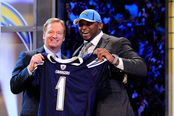 NEW YORK, NY - APRIL 28:  NFL Commissioner Roger Goodell (L) poses for a photo with Corey Liuget, #18 overall pick by the San Diego Chargers, on stage during the 2011 NFL Draft at Radio City Music Hall on April 28, 2011 in New York City.  (Photo by Chris 