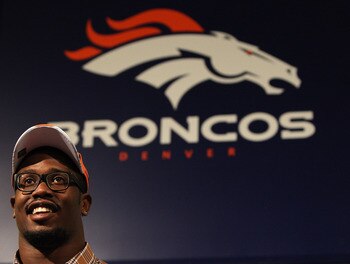 ENGLEWOOD, CO - APRIL 29:  Von Miller of the Denver Broncos speaks to the media at Dove Valley on April 29, 2011 in Englewood, Colorado. Miller, a projected outside linebacker in head coach John Fox's new 4-3 scheme, was selected second overall from Texas