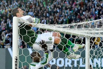 PORTLAND, OR - APRIL 30: Kenny Cooper #33 of the Portland Timbers celebrates after scoring a goal during the first half of the game at Jeld-Wen Field on April 30, 2011 in Portland, Oregon. (Photo by Steve Dykes/Getty Images)