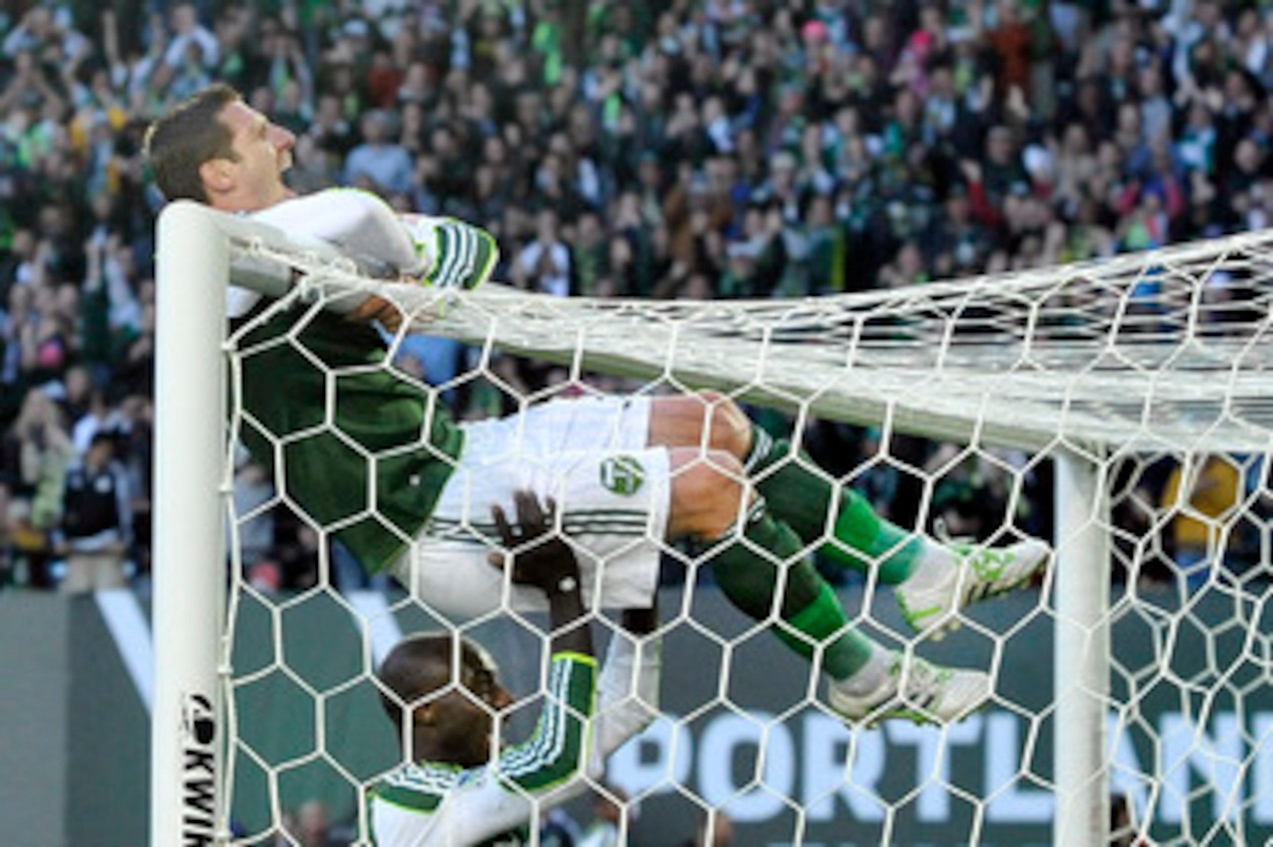 PORTLAND, OR - APRIL 30: Kenny Cooper #33 of the Portland Timbers celebrates after scoring a goal during the first half of the game at Jeld-Wen Field on April 30, 2011 in Portland, Oregon. (Photo by Steve Dykes/Getty Images)