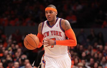 NEW YORK, NY - APRIL 24:  Carmelo Anthony #7 of the New York Knicks brings the ball up court agaist the Boston Celtics in Game Four of the Eastern Conference Quarterfinals during the 2011 NBA Playoffs on April 24, 2011 at Madison Square Garden in New York